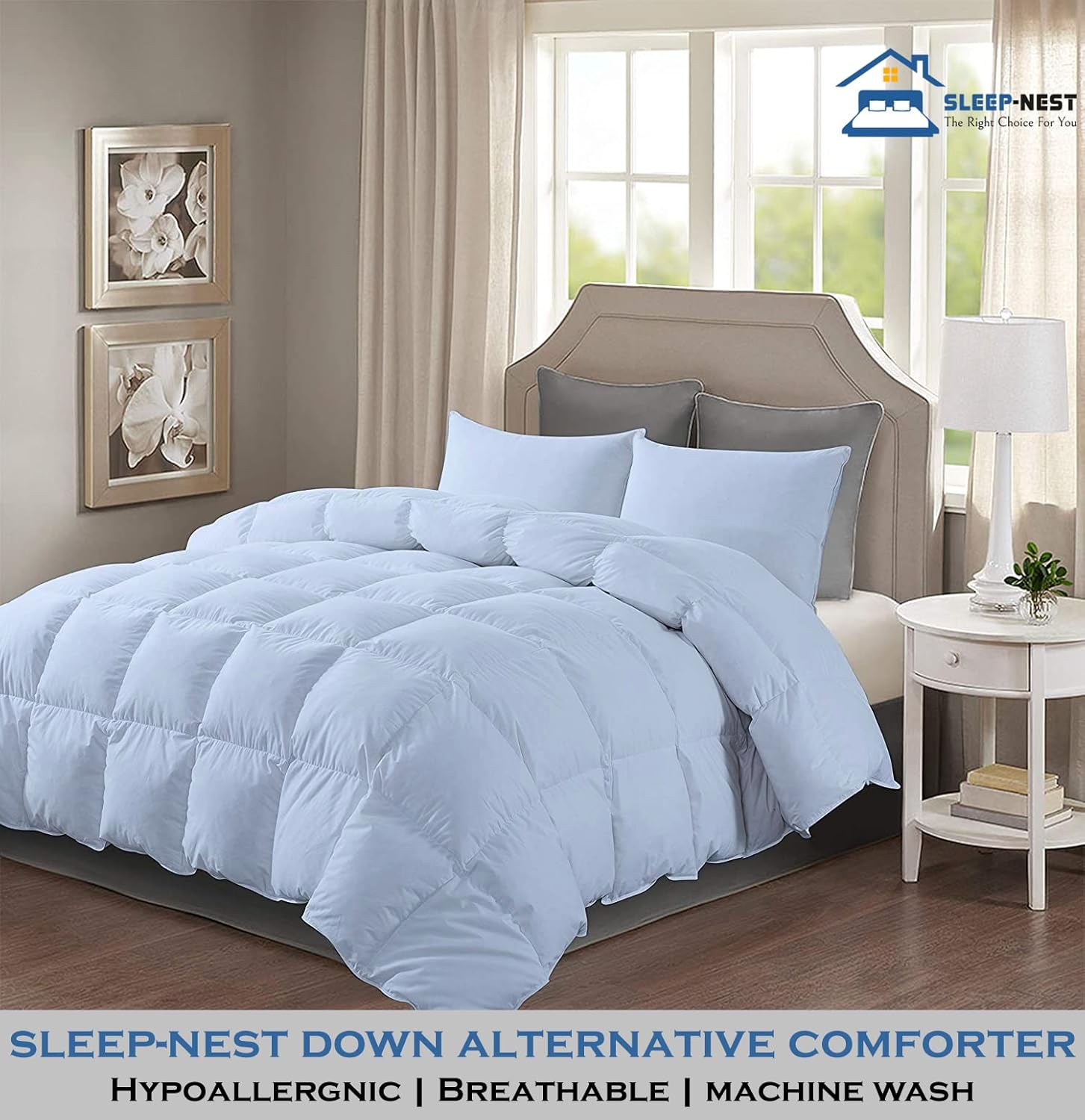 SLEEP-NEST Hotel Luxury Alaska King Comforter 132x120 - Extra Large All Season 3 Piece Down Alternative Duvet Insert with 8 Corner Tabs, 350 GSM, Super Soft, Breathable, Oversized King, Light Blue