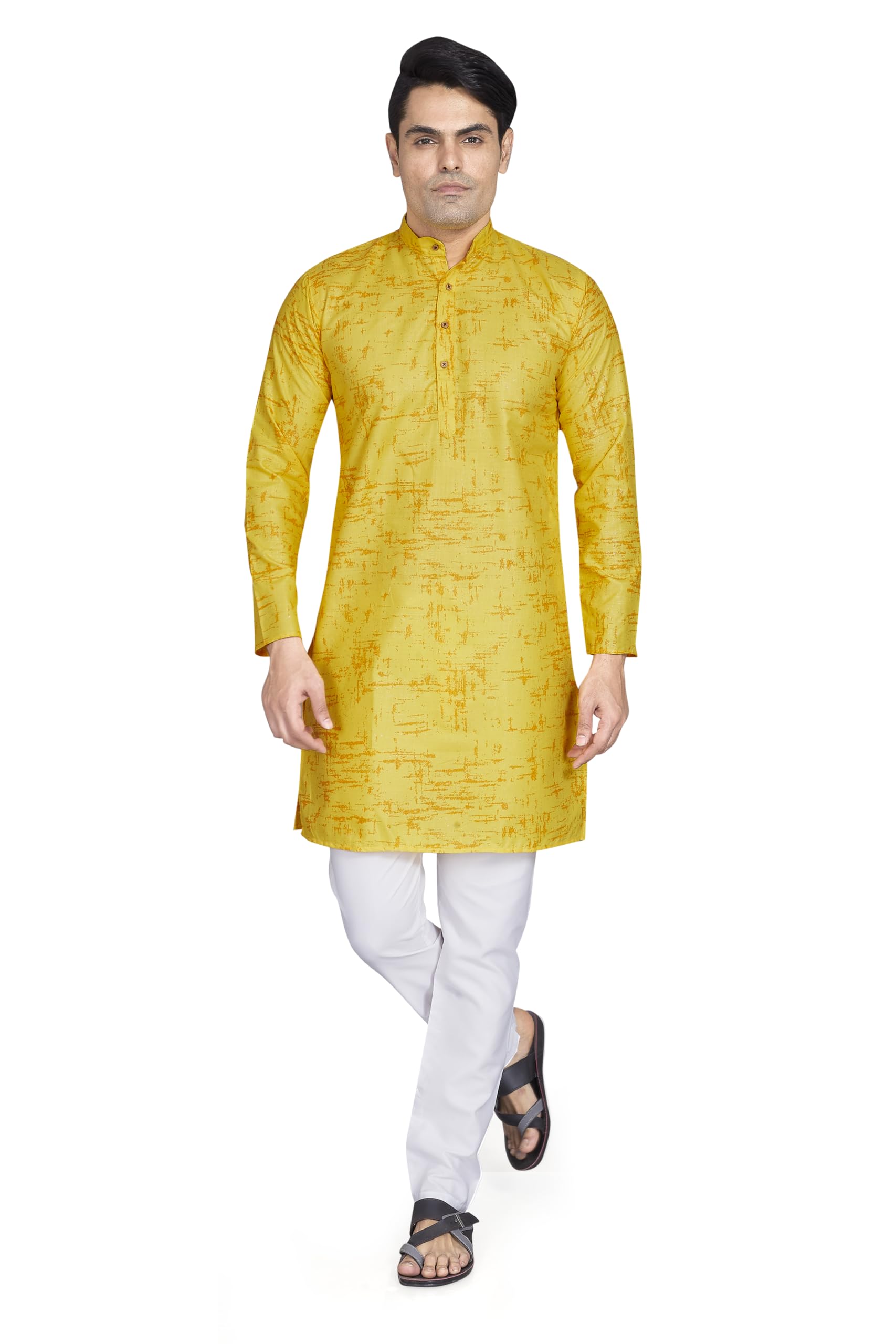 Divisive Men's Printed Cotton Blend Linen Slim Fit Kurta Pyjama Set (Dkrt874_Xl_Yellow)