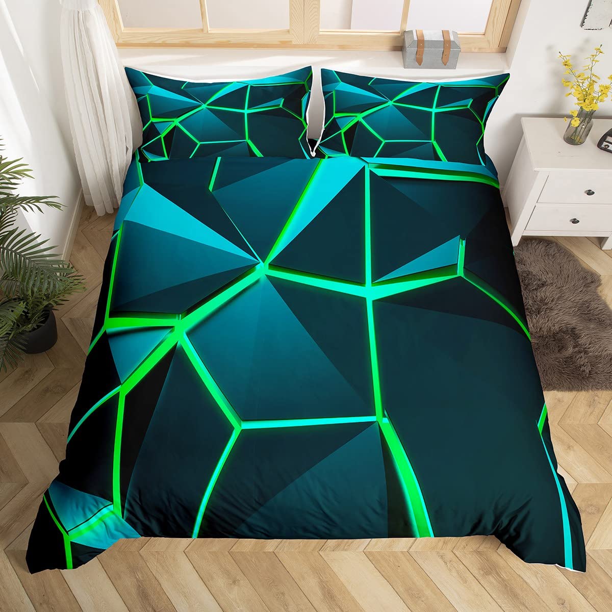 Loussiesd Blue Green Hexagon Comforter Cover Stereoscopic Honeycomb Bedding Set for Kids Beehive Duvet Cover Geometric Honeycomb Bedspread Cover Simplistic Room Decor Bedclothes Single Boys