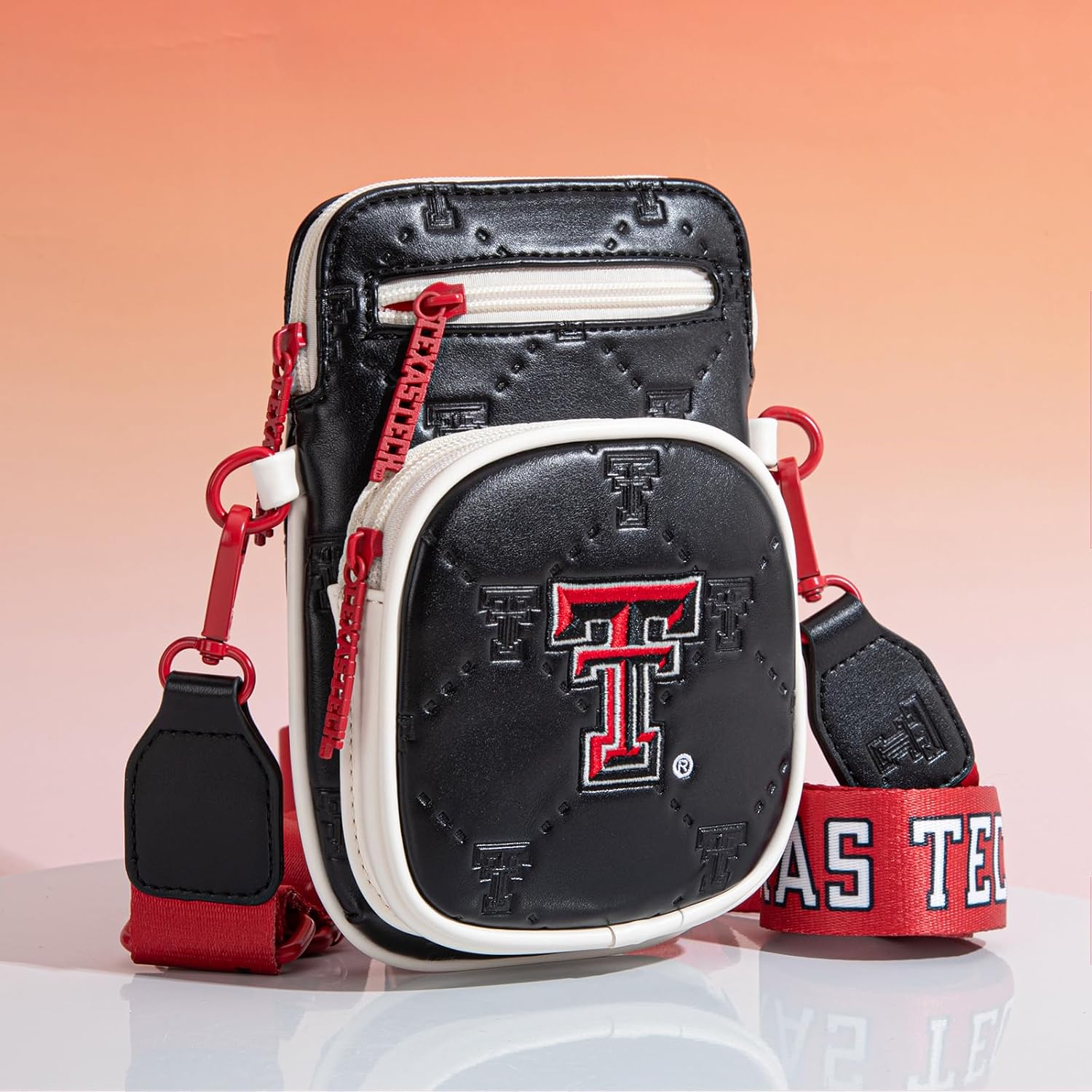 Texas Tech Crossbody Bag with Adjustable Strap, Multiple Pockets Crossbody Purse for Women, Leather Handbag Purse for Game Day, Travel, Concerts | Gift for Sport Fans | Black, NC-TTU015BK