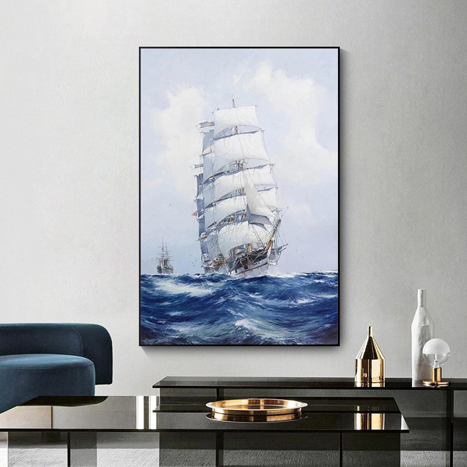 タイトル 額装絵画 ヨットのある風景 インテリア絵画 木製フレーム付　状態良好 Amazon｜ポスターと版画中世風のヨットのキャンバスの海の絵画現代北欧