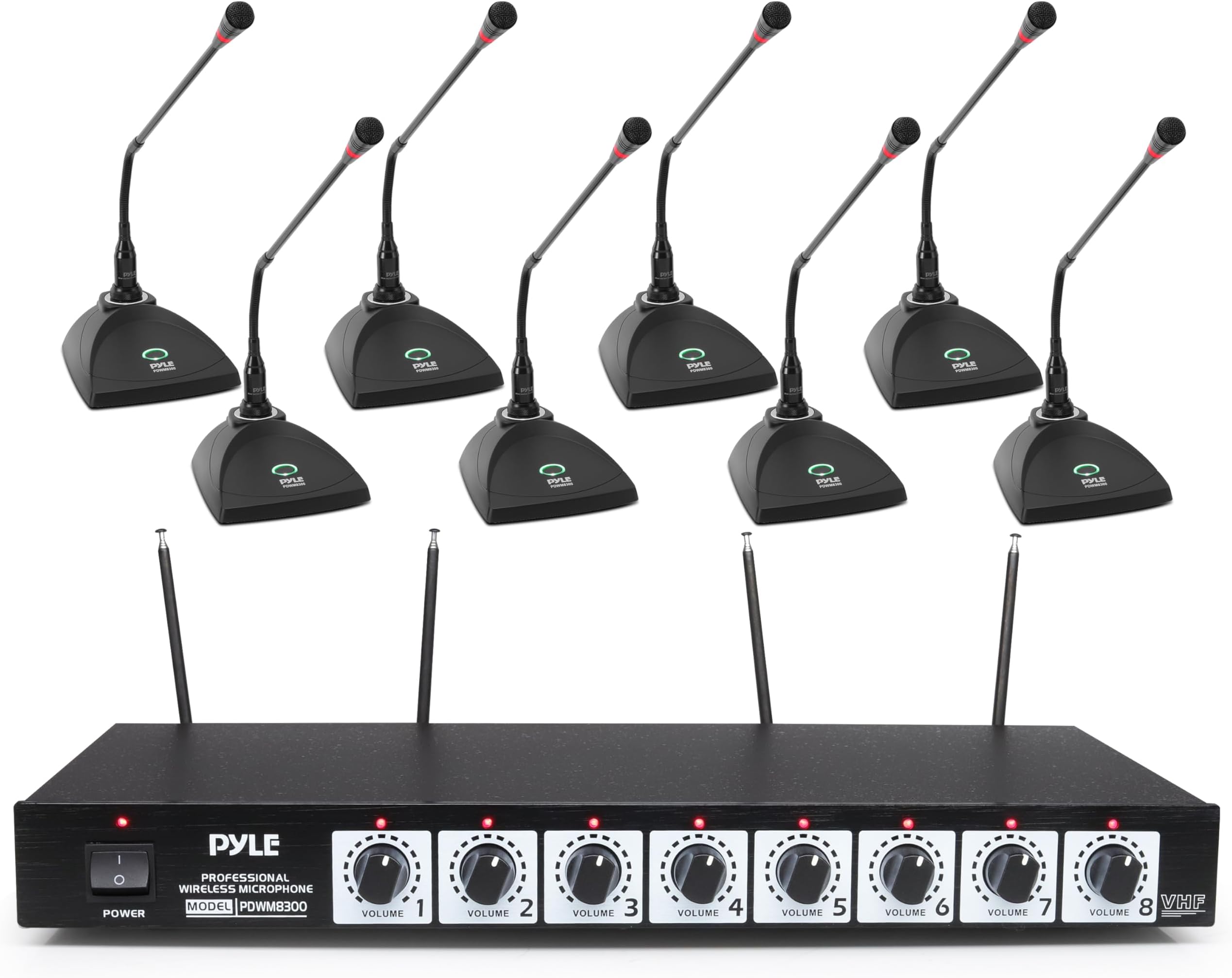 8 Channel Wireless Microphone System - Portable VHF Cordless Audio Mic Set with 1/4" and XLR Output, Dual Antenna, Includes 8 Table Top Mics, Rack Mountable Receiver Base - Pyle PDWM8300,Black