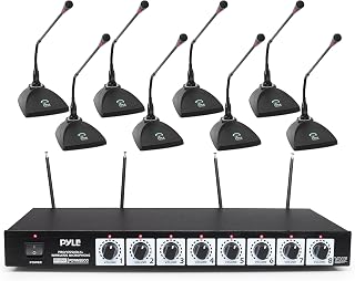 Pyle 8 Channel Wireless Microphone System - Portable VHF Cordless Audio Mic Set with 1/4" and XLR Output, Dual Antenna, - Includes 8 Table Top Mics, Rack Mountable Receiver Base - Pyle PDWM8300,Black