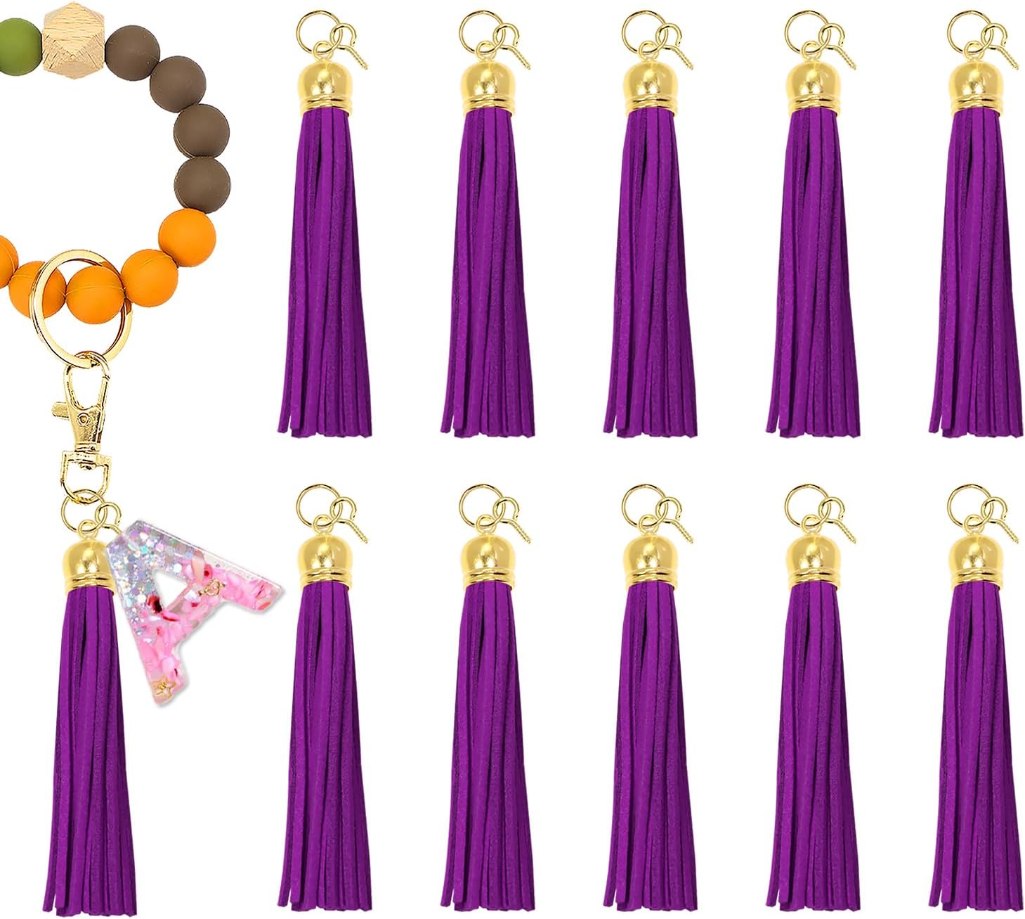Mini Skater 3.34 Inch Faux Suede Leather Tassels 10Pcs Gold Caps Keychain Tassels Charms 10Pcs Jump Rings 10Pcs Screw Eye Pins for Key Chain Jewelry Making Bracelets Earrings DIY Crafts (Dark Purple)