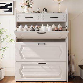 ODUWA Shoe Cabinet with 3 Flip Drawers and 2 Storage Drawers, Shoes Organizer Cabinets with Adjustable Divider, Hidden Shoe Storage Cabinet for Entryway, Hallway, White