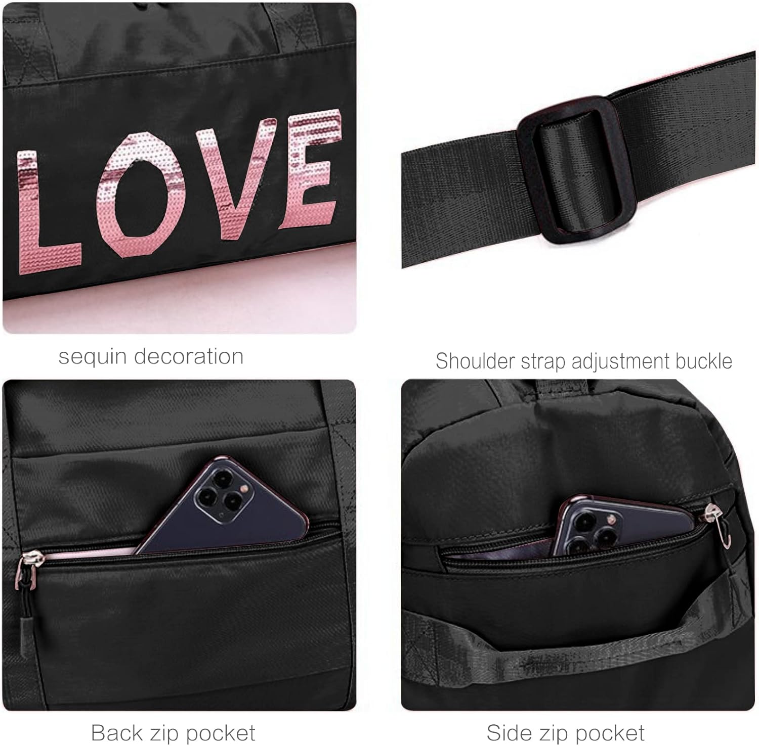 Gym Bag Women Travel Duffel Bag Weekender Overnight Bag Dance Bag Workout Tote Bag with Wet Pocket & Shoes Compartment (Black)