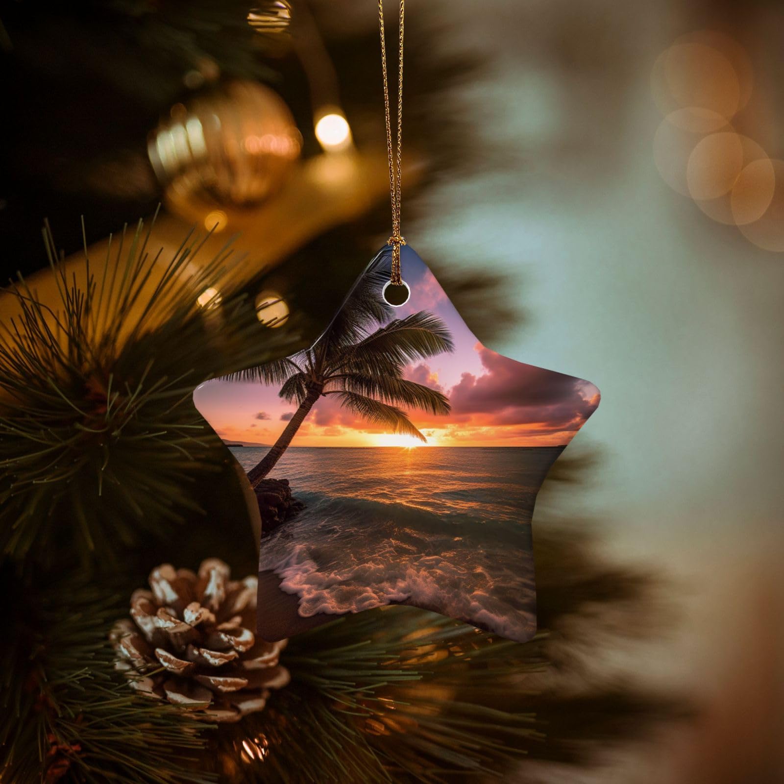 Christmas Tree Ornaments Ceramics Christmas Decorations Palm Tree Sunset Beach Ornaments with Gold Ribbon Porcelain Xmas Tree Crafts Star Shape Hanging Pendant for Christmas Tree Party Decor