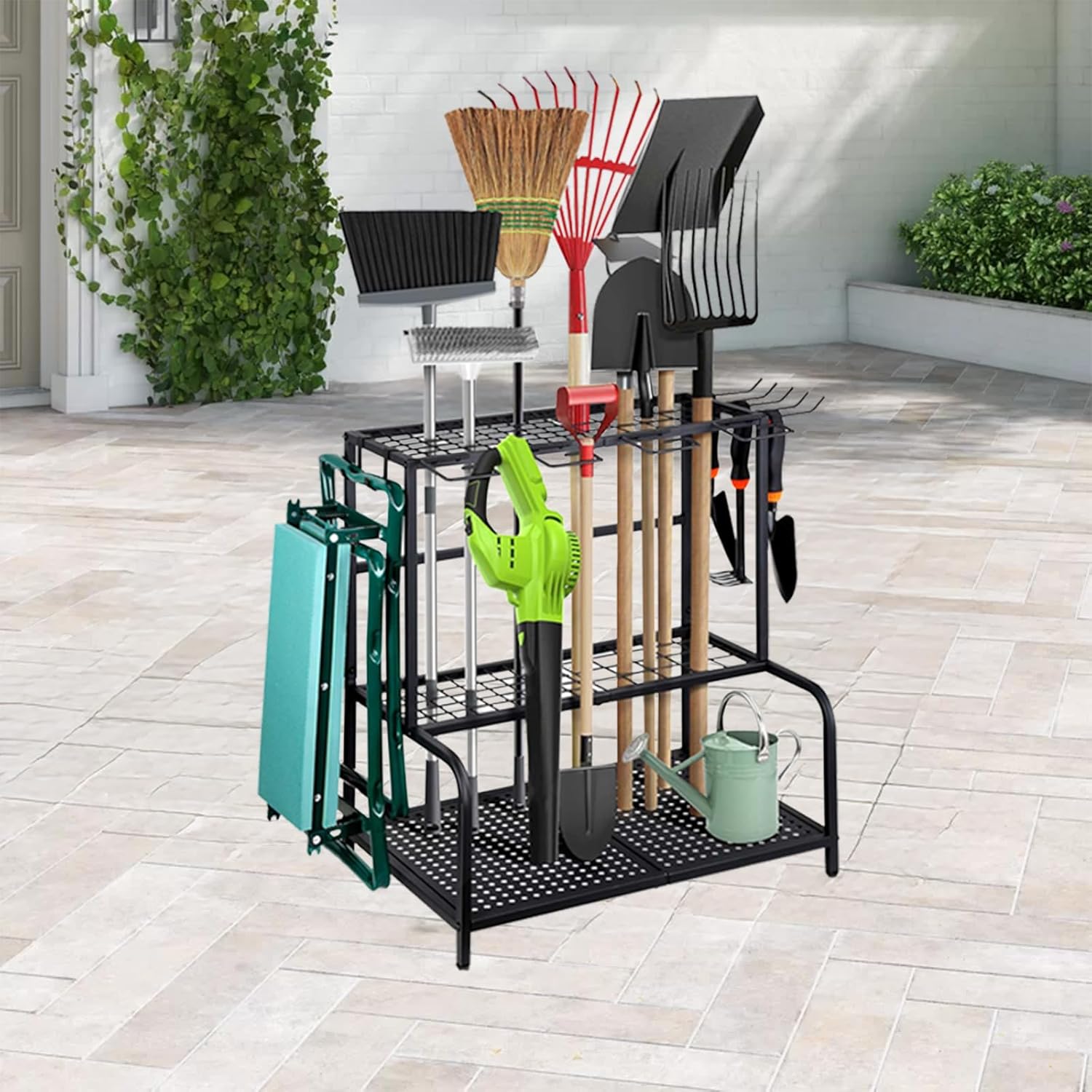 Garden Tool Storage Rack, 3 Tier Heavy-Duty Steel Garden Tool Organizer Stand Up To 70 Long Handled Shovels/Rakes/Brooms, 24×16×26inch Garage Tool Shelf for Shed, Yard, Garage