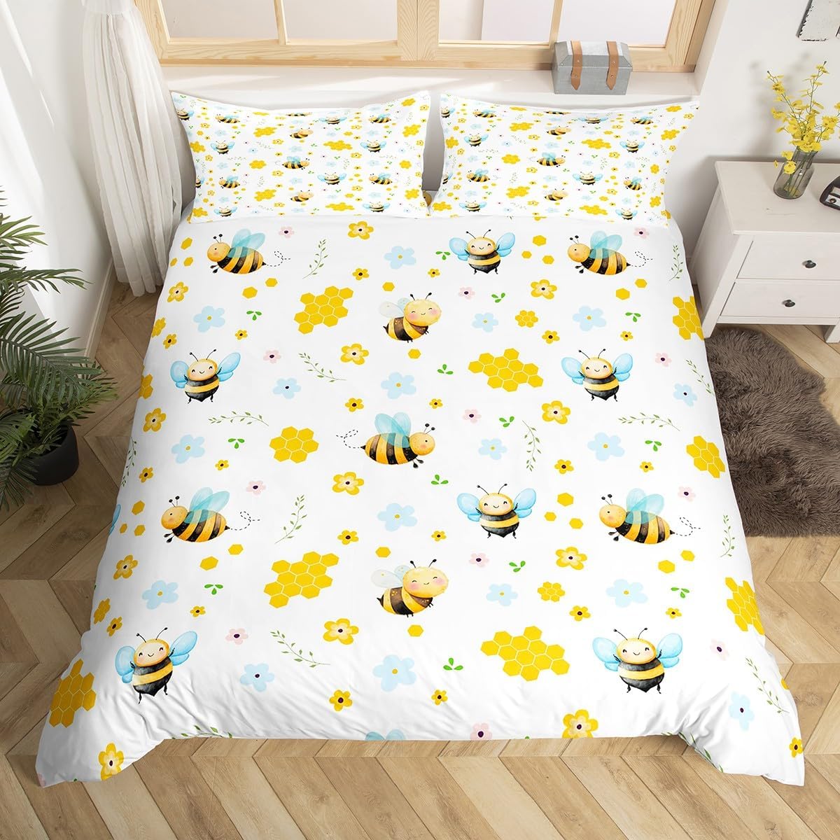 Erosebridal Honeybee Duvet Cover,Cartoon Bee Bedding Set Toddler for Kids Boys Girls,Floral Zoo Bed Sets,Cottage Flower Quilt Cover with 1 Pillowcase Microfiber