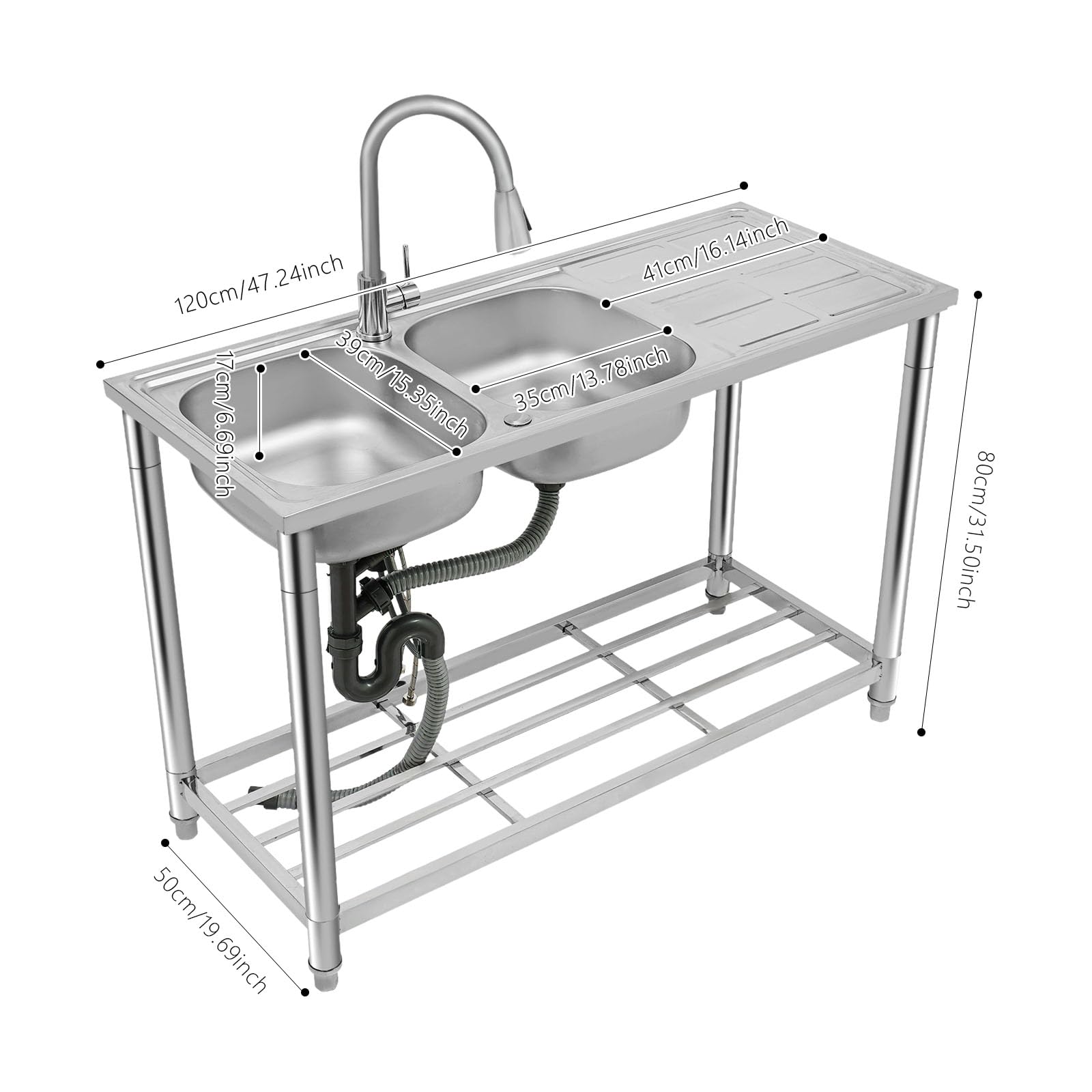 Fregadero de cocina independiente, 120 x 50 x 80 cm, de 2 cámaras, de acero inoxidable, con grifo extensible de 360 ° y lado de estante, patas ajustables para cocina, restaurante, garaje, plateado