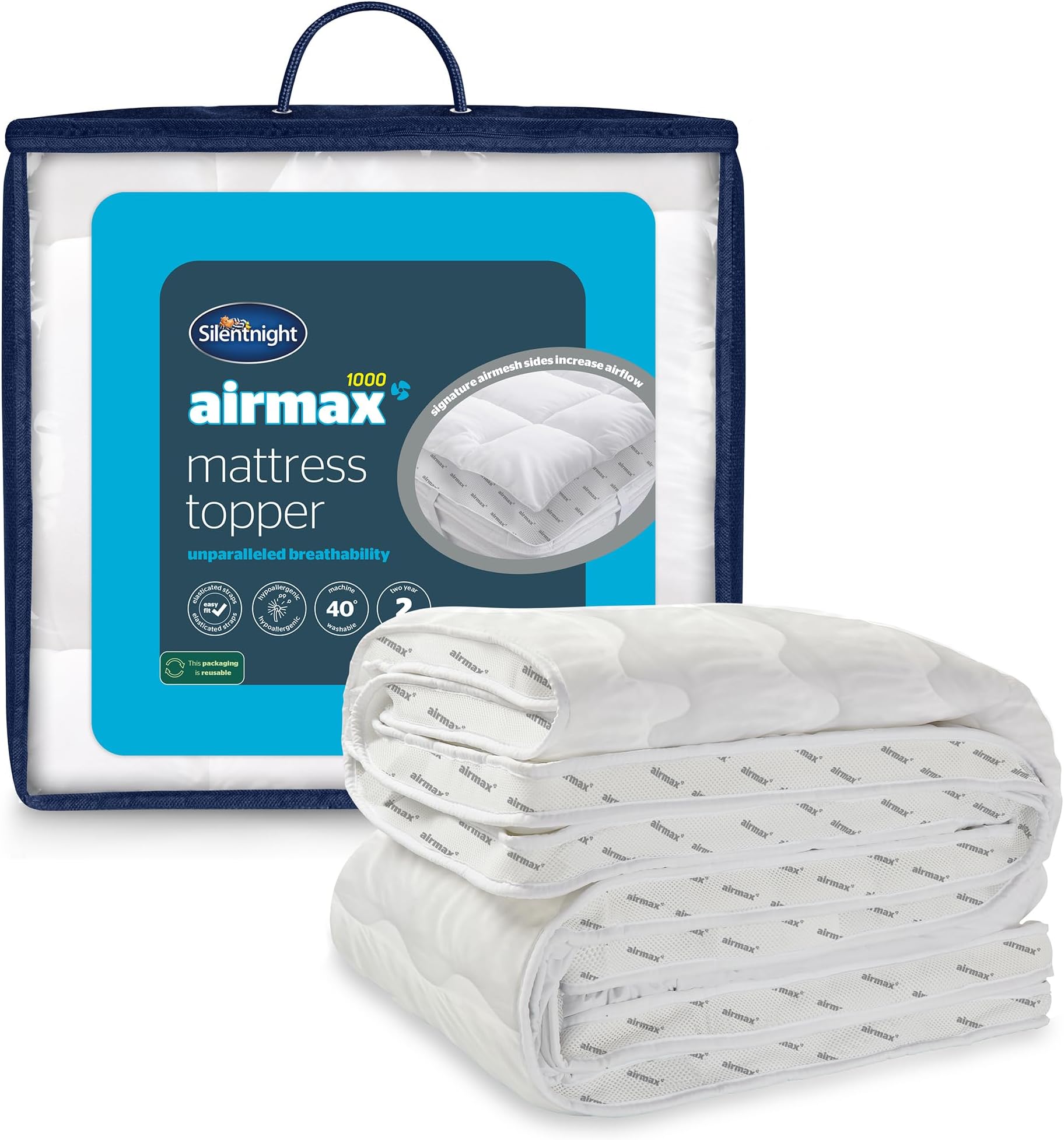 Silentnight Airmax 1000 Single Mattress Topper - Extra Thick Deep Fitted Mattress Enhancer with 10cm Thick Cushioning, Mesh Sides to Increase Airflow and Elasticated Straps - Single - 190x90cm