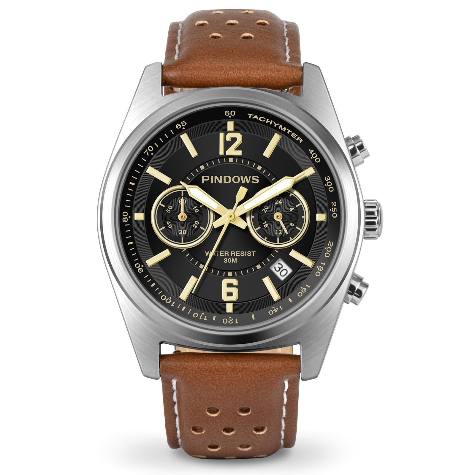 PINDOWS Orologio da polso da uomo, in pelle nero-marrone, cronografo, orologi al quarzo alla moda