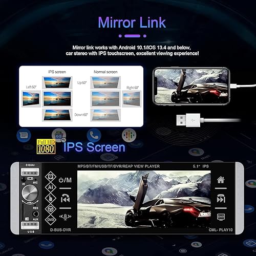 Miniatura 4 de Estéreo de automóvil de un solo DIN compatible con Apple Carplay y Android Auto, METEESER estéreo de automóvil Bluetooth de 5.1 pulgadas con cámara