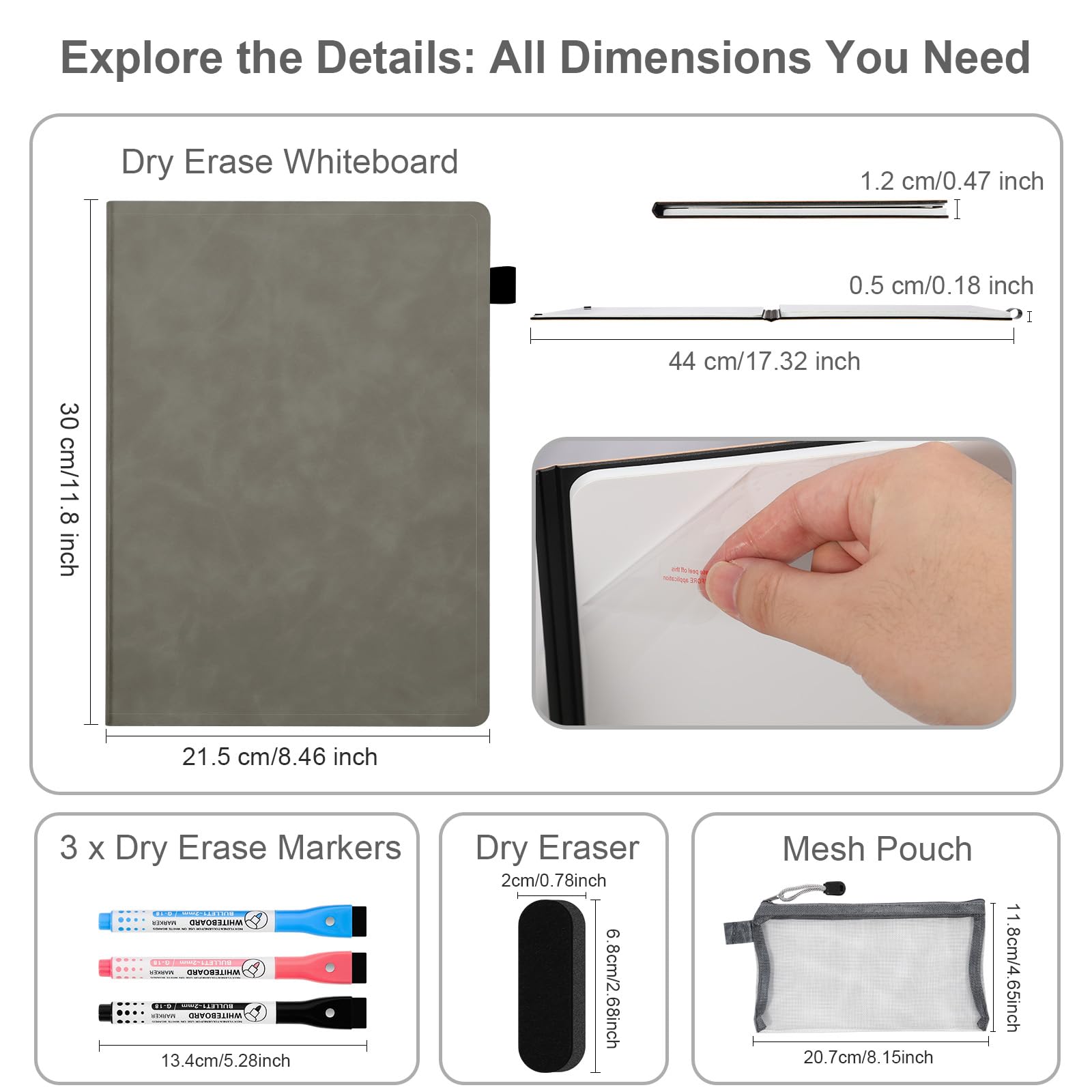 AGM Dry Erase Mini Whiteboard A4, 30 x 21.5 cm Double-Sided Small Desk White Board with 3 Colored Pens, 1 Eraser, 1 Mesh Bag - Image 2