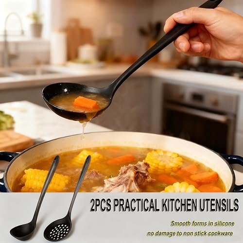 Miniatura 6 de Cucharas de cocina ranuradas de silicona, cucharón de cocina, cuchara coladora, cuchara espumadora, cucharón de sopa, cucharas ranuradas para