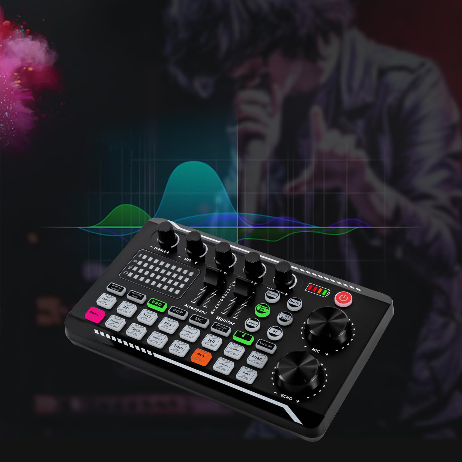 Karta dźwiękowa na żywo i interfejs audio z efektami miksera DJ i Voice Changer, F988 Bluetooth Stereo Audio Mixer do strumieniowego przesyłania na żywo YouTube, PC, Recording Studio Podcast, śpiew,