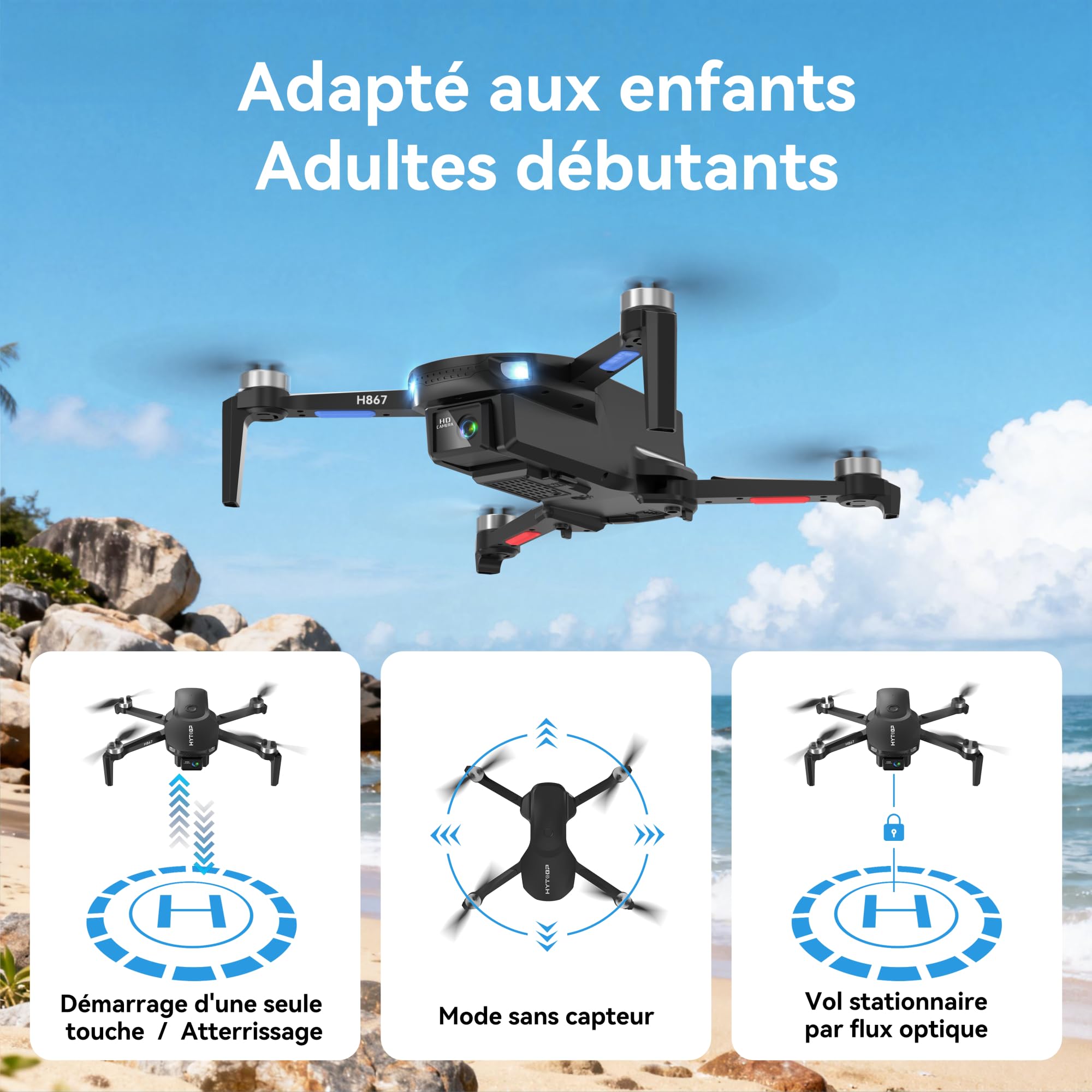 H867 Drone avec Caméra 4K pour Adultes et Débutants, Moteur Sans Balais, Quadricoptère RC Pliable avec 2 Batteries, Mode Sans Tête, Retournements à 360°(Noir)(Standard)