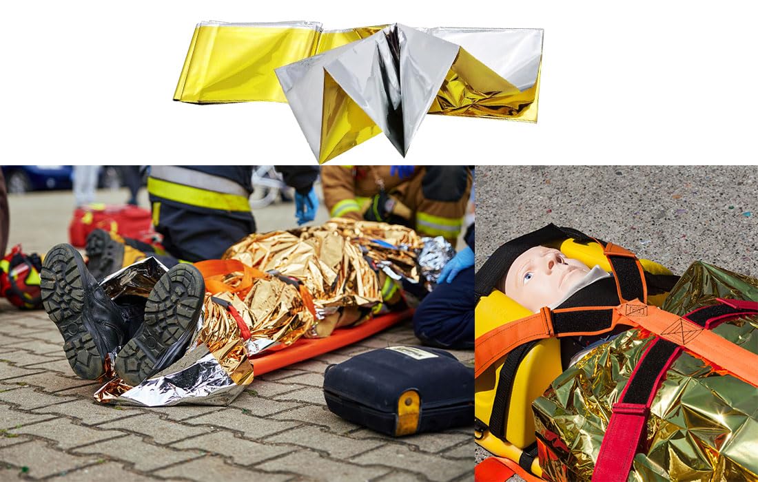 Lauroo Awaryjny koc ratunkowy, 160 x 210 cm, złoty/srebrny, folia termiczna do pierwszej pomocy, ochrona przed słońcem, survival, kemping, wiatroszczelny i wodoszczelny, pakowana pojedynczo – 5 sztuk