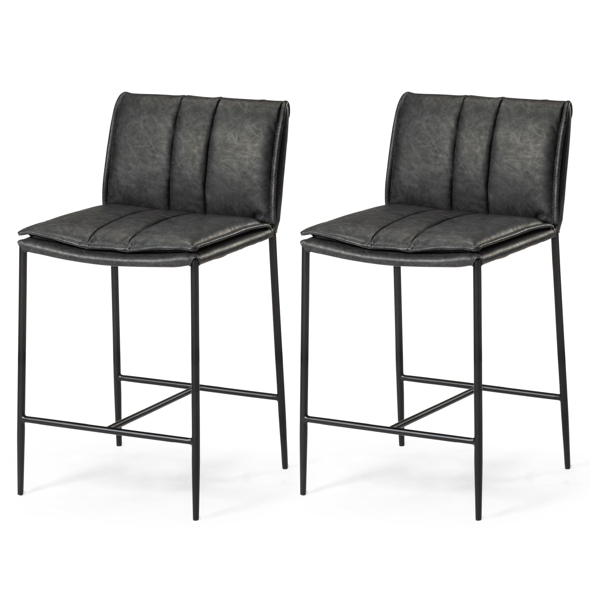 Maven Lane Gerard Counter Stool (Set of 2) – 25 Inches – Square Stools with Footrest – Black Metal Frame & Dark Grey Faux Leather Upholstery – Perfect