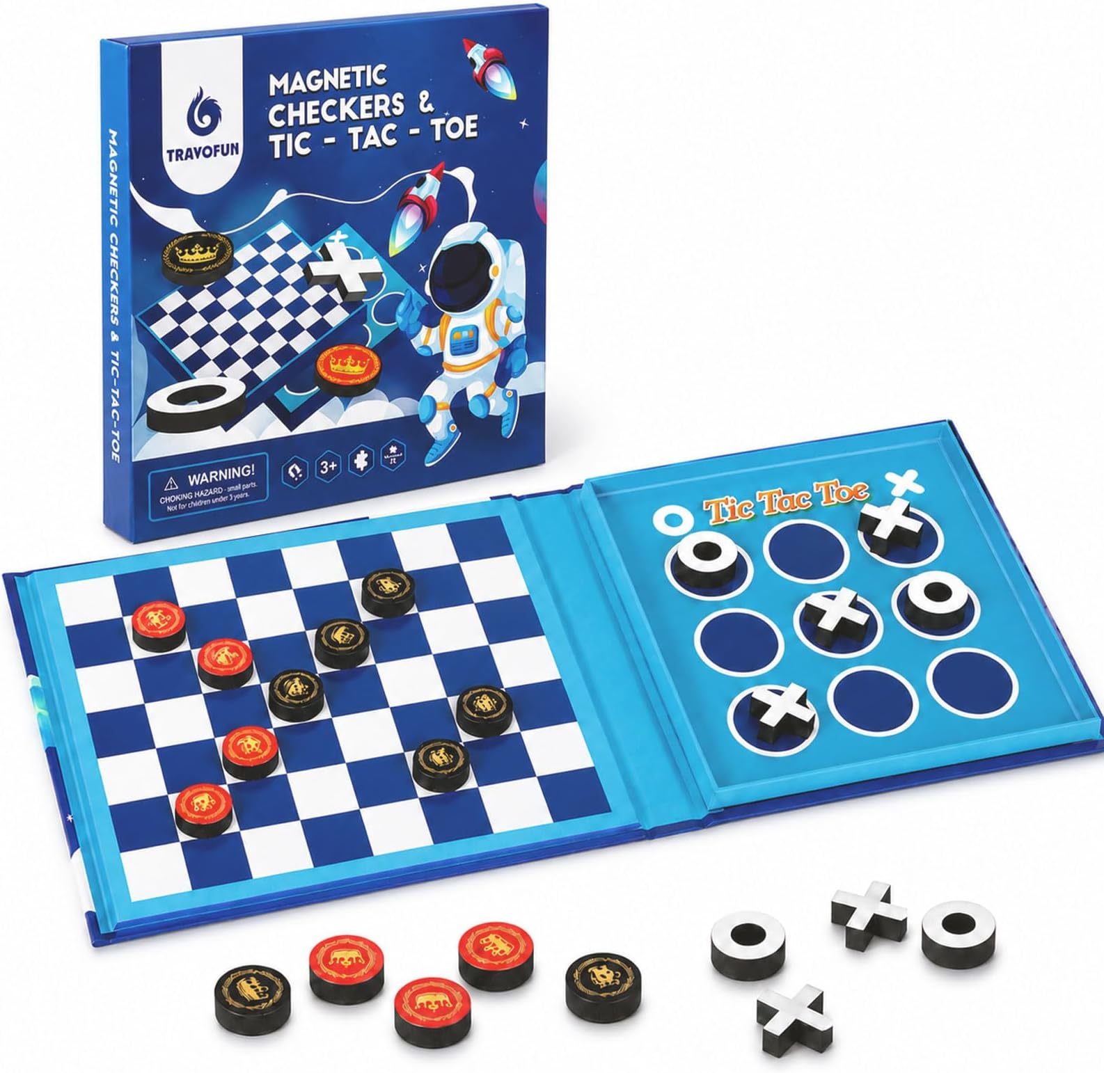 2-in-1 Travel Checkers and Tic Tac Toe Game for Kids Ages 8-12, Magnetic Checkers Board Game, Foldable Road Trip and Plane Activities