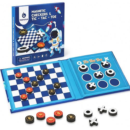 2-in-1 Travel Checkers and Tic Tac Toe Game for Kids Ages 8-12, Magnetic Checkers Board Game, Foldable Road Trip and Plane Activities