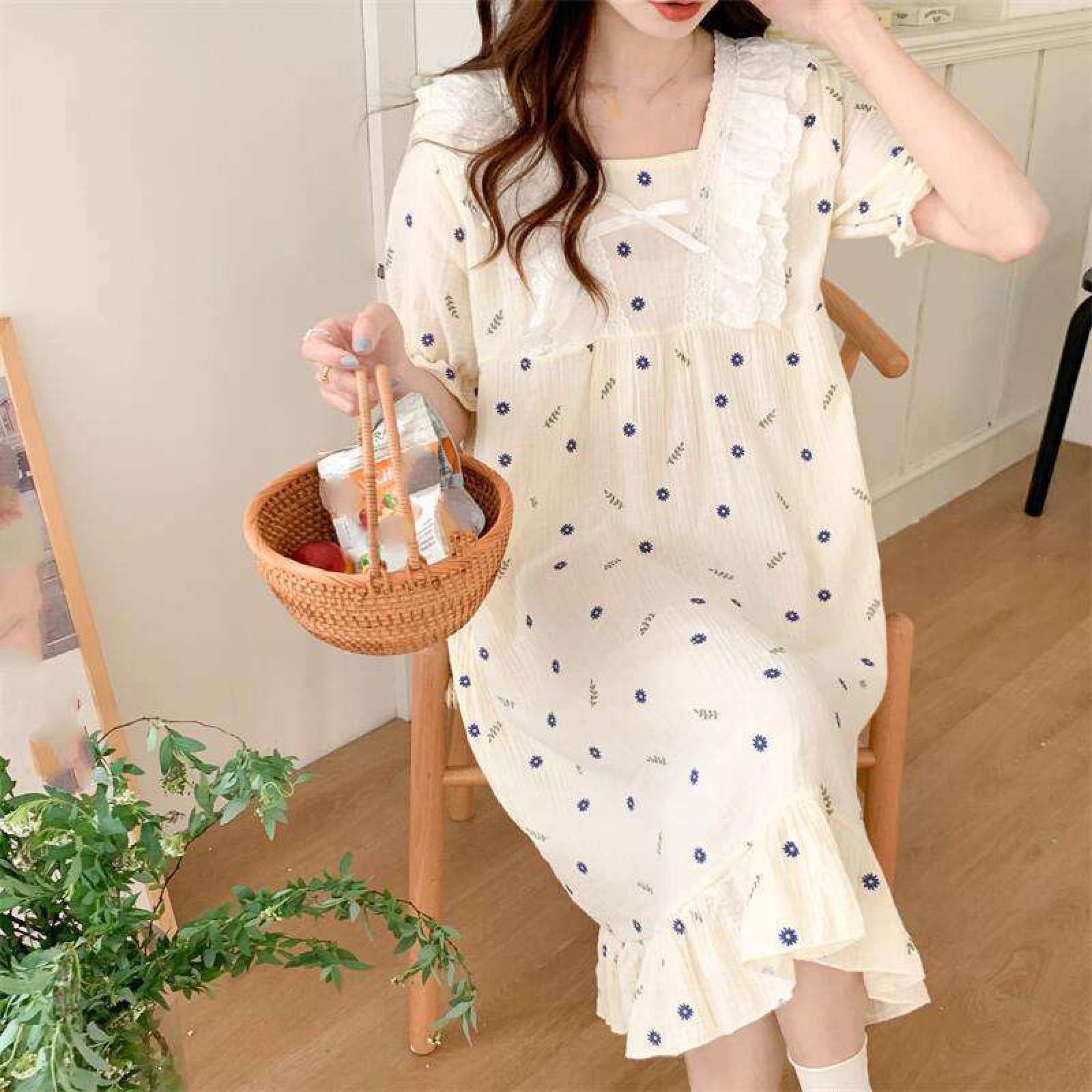 Damen-Nachthemd Aus Baumwoll-Jacquard, Loungewear – Sommer, Süßer Blumendruck, Spitze, Quadratischer Ausschnitt, Spitze, Kurzärmeliges Kleid, Schleifenknoten-Nachthemd, Homewear, Modisches Mädc