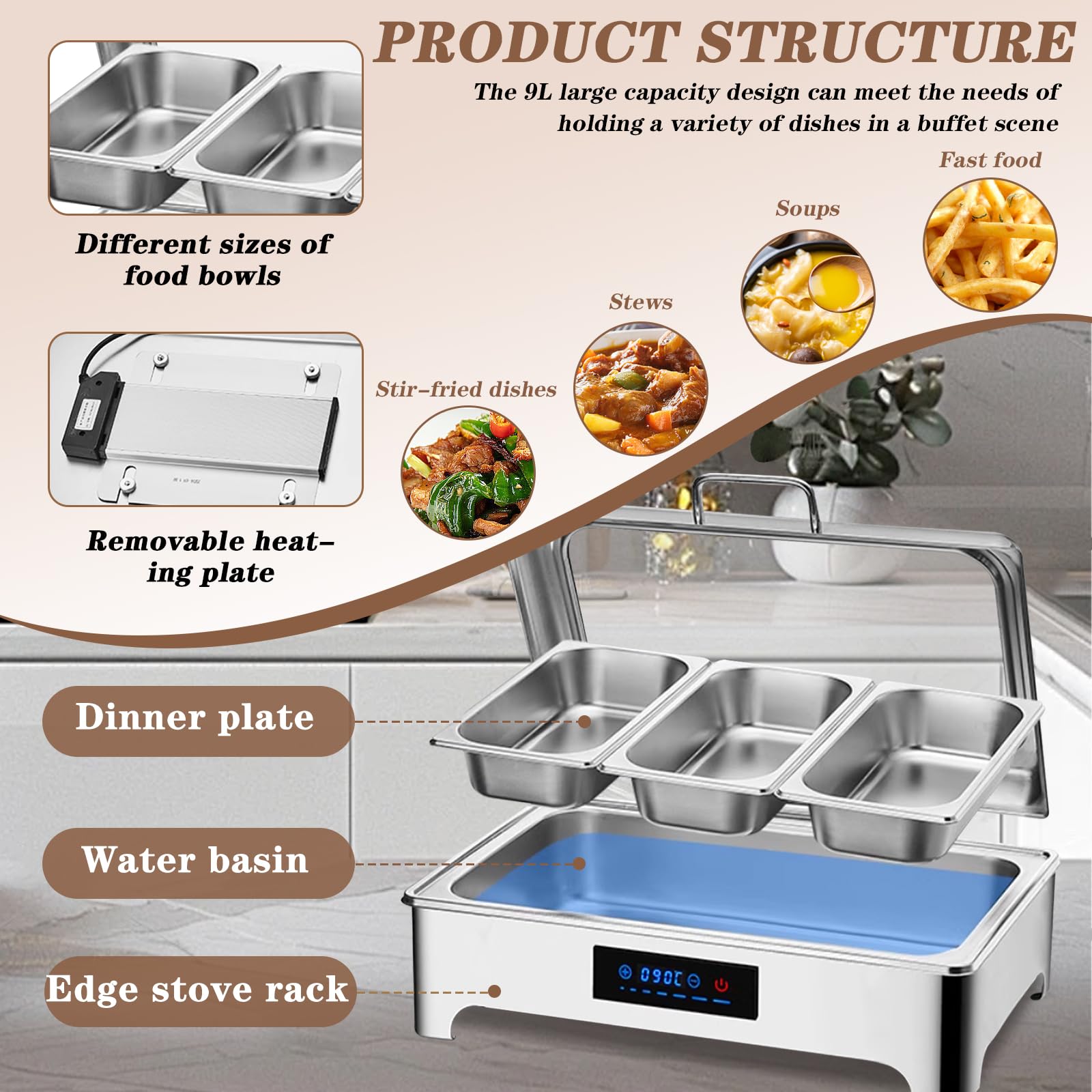 Juego de platos eléctricos para bufé, calentador de alimentos de acero inoxidable con control táctil inteligente para catering, fiestas, eventos y reuniones al aire libre