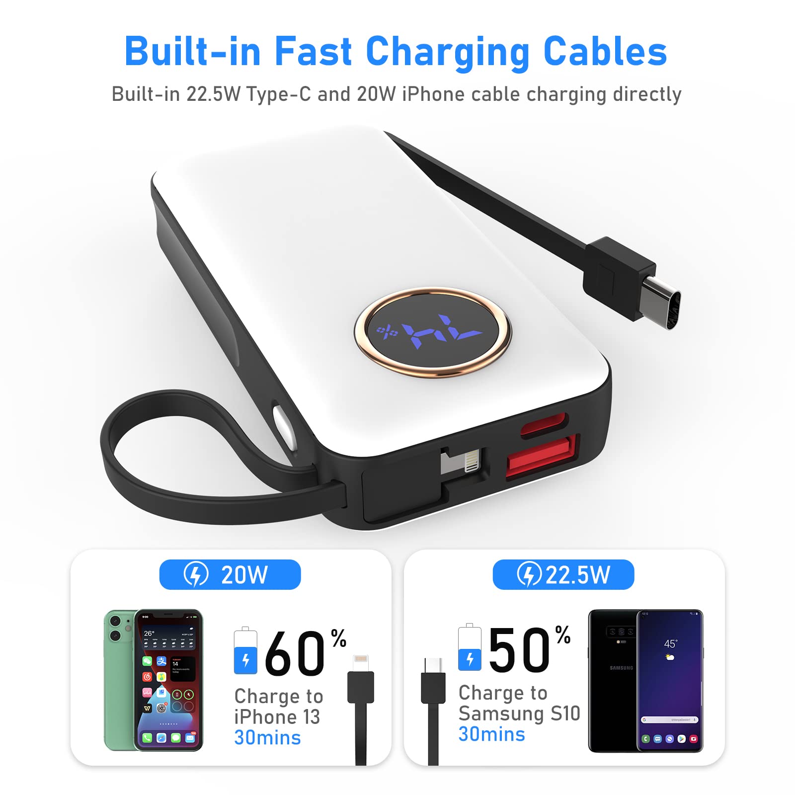 LJEHC Portable Charger 10000mAh,22.5W Fast Charging Power Bank Built in Cable,Small External Battery Pack,Ultra Compact USB C Phone Charger for iPhone iPad Samsung LG Android Cellphone