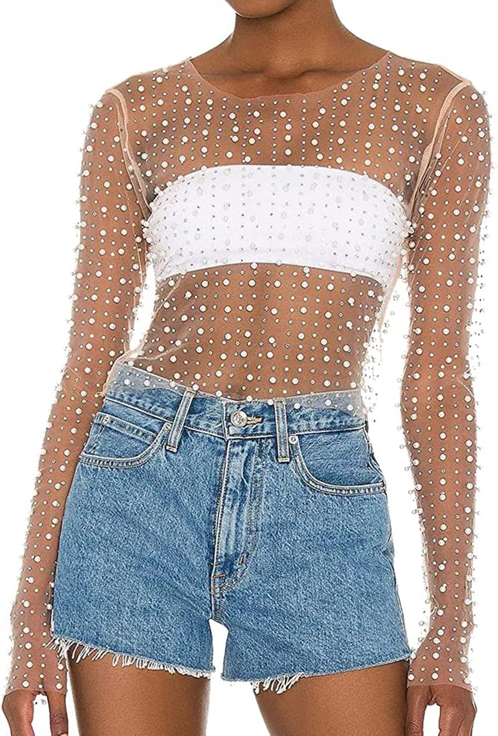 Women's Pearl Rhinestone See Through Long Sleeve Mesh Blouse One Piece Cover Up Crop Tops