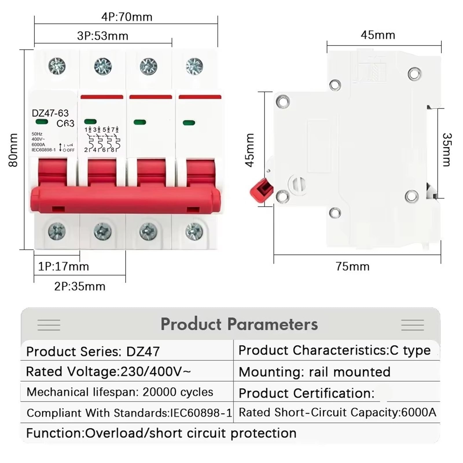 DZ47 1-4P AC 230V 400V C Type Mini Circuit Breaker MCB Short Overload Protector Din Rail 1Pcs(1P,40A)