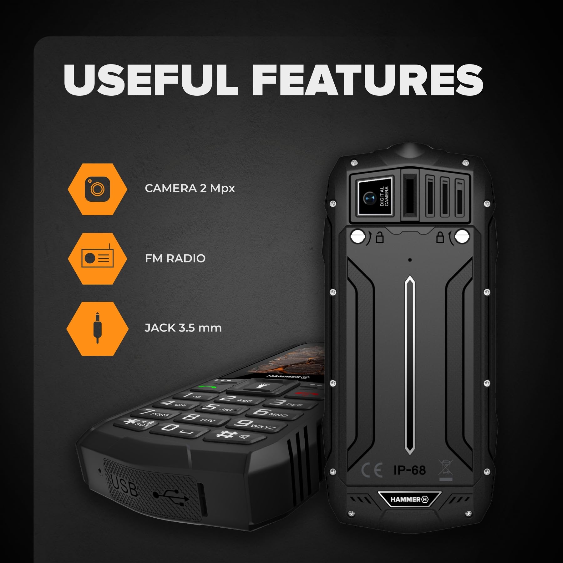 Hammer H Rock LTE Telefono Rugged senza Contratto, 3000mAh, 64 GB, Display IPS 2,4", Tasti Grandi, Tasto SOS, Torcia, Radio FM, Bluetooth, USB-C, Dual SIM, IP68/MIL-STD-810H, Nero