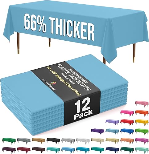 Miniatura 70 de Party Solids Mantel rectangular de plástico de alta calidad, 66% más grueso, 0.5 mil, paquete de 12 manteles color azul claro de 54 x 108 pulgadas,