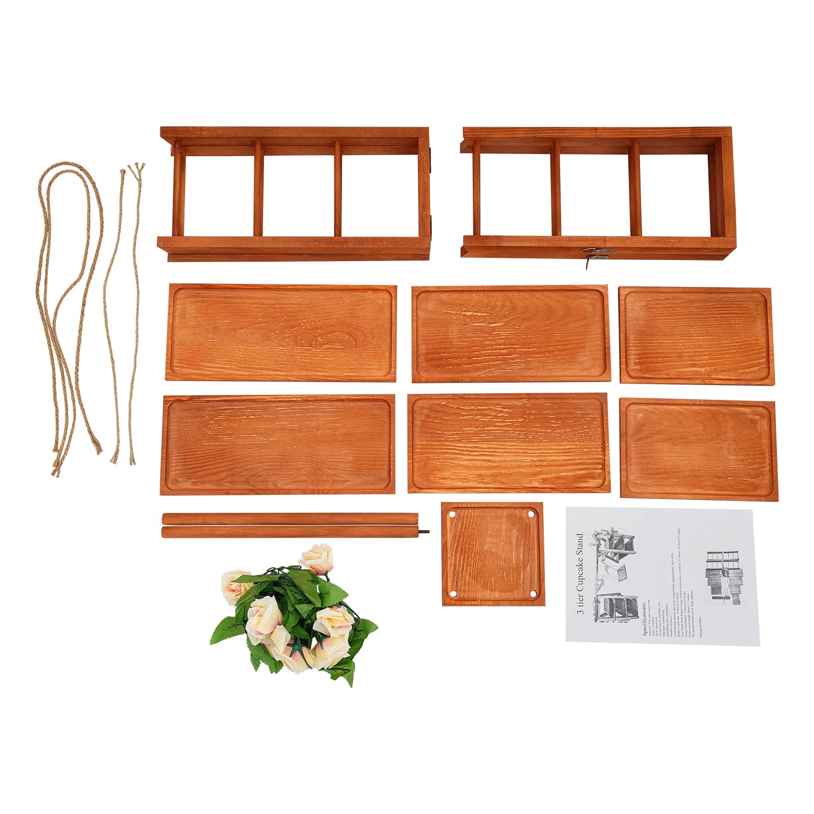 Soporte de madera para cupcakes de 3 niveles, para postres, tartas, aperitivos, con columpio y decoración de flores, escalera plegable para servir cumpleaños, fiestas de té, bodas y decoración