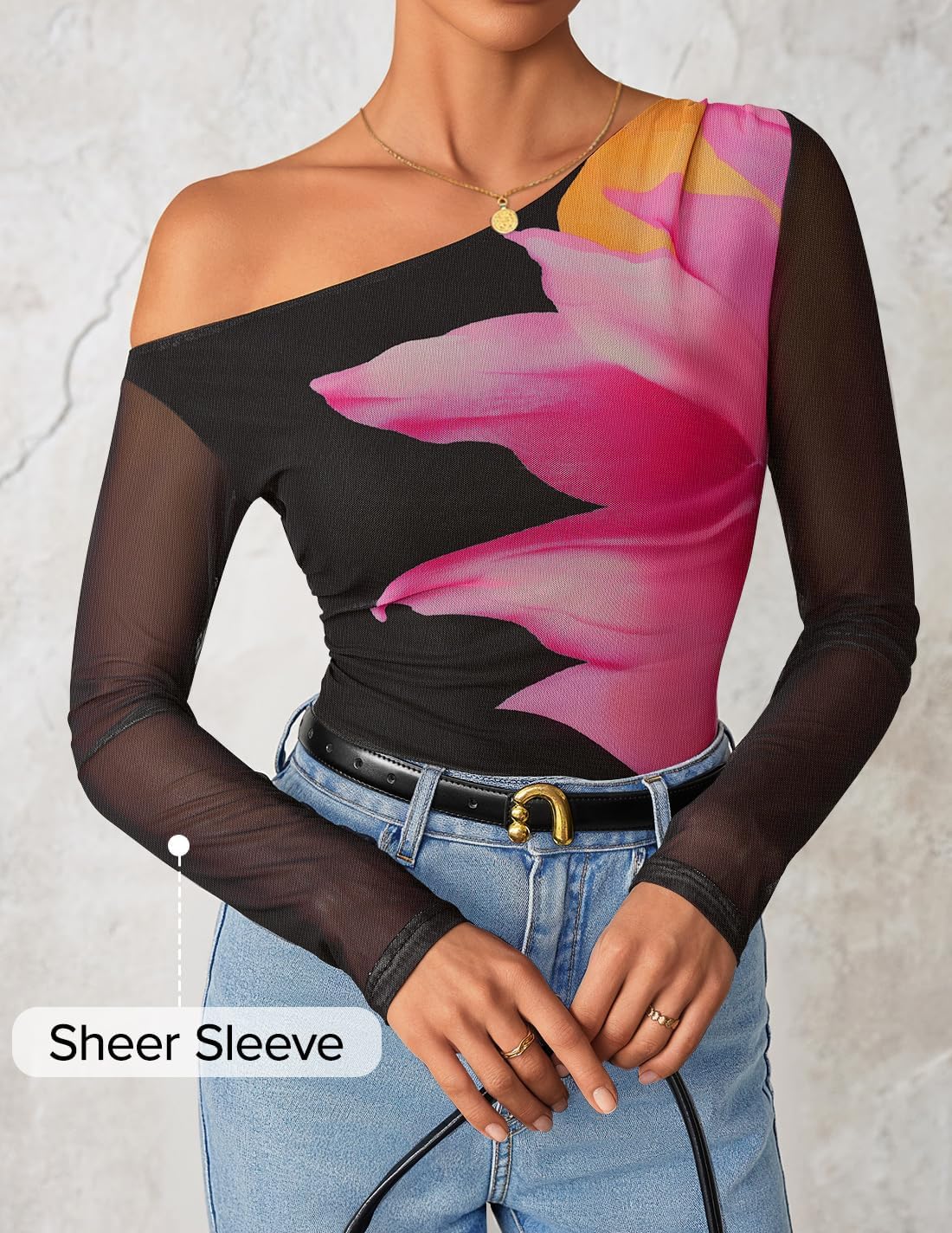 ZESICA Women's Floral Off Shoulder Long Sleeve Tops 2026 Spring Mesh Ruched Fitted Trendy Going Out Shirts Blouses - Image 2