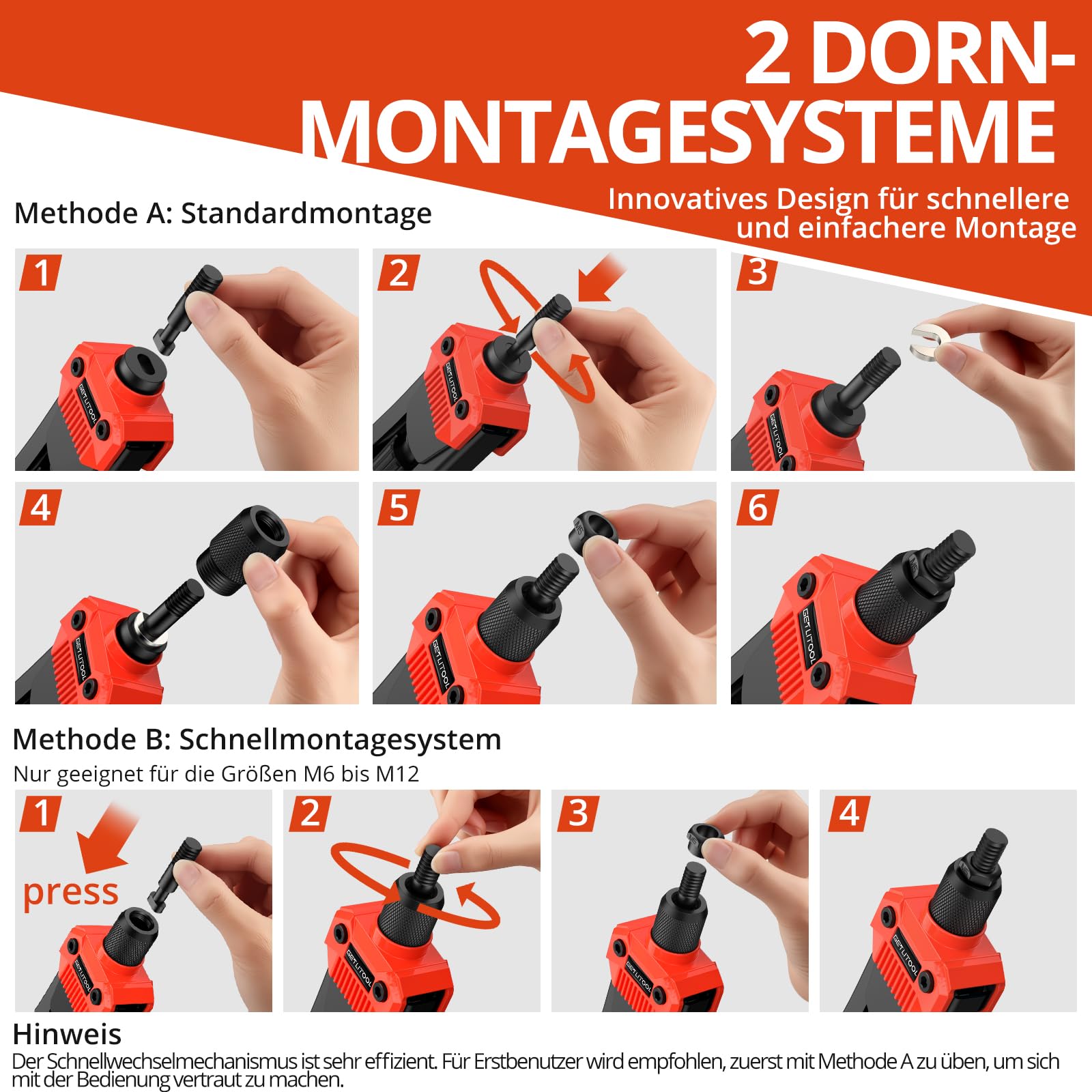 GETLITOOL Nietmutternzange Set, 40cm Nietzange inkl. 120 Nietmuttern, M3-M12 Dorne, Gewindenieten Zange Set für Kfz-Reparatur Metall Holz Möbel, Rutschfest Griff Einnietmutternzange mit Tragekoffer