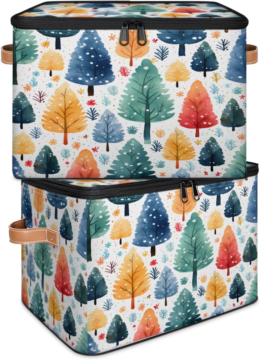 Storage Bin Set of 2 Rainbow Forest Storage Basket with Zipper Lid & Handle Foldable Closet Shelf 2 Pack Cloth Organizer Basket Cube Bins Clothes Organizer for Nursery, Bedroom