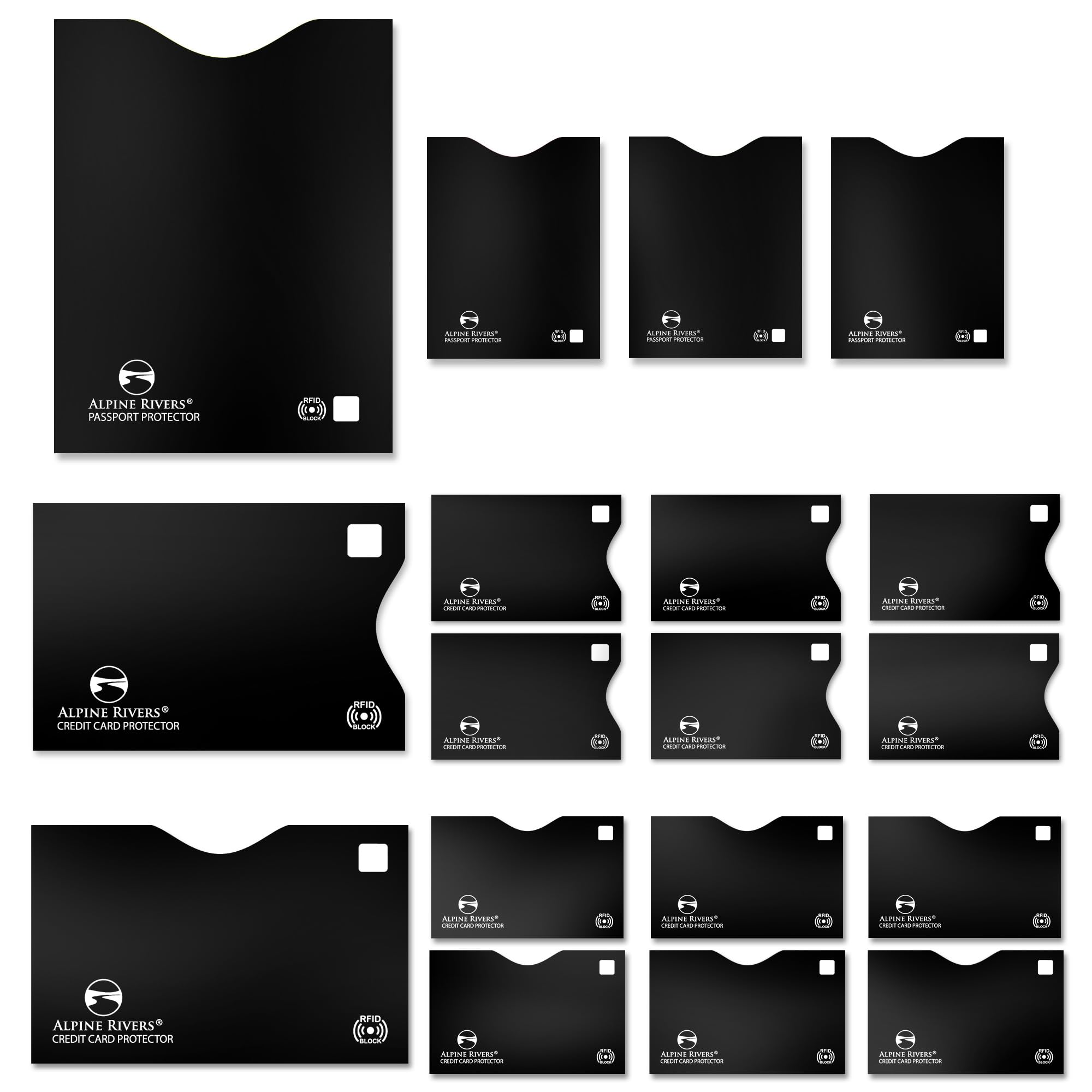 ALPINE RIVERS RFID Blocking Sleeves 18 Pack - 7 Top-Load & 7 Side-Load Credit Card Protectors, 4 Passport Holders | NFC Blocker 13.56 MHz | Bank Debit