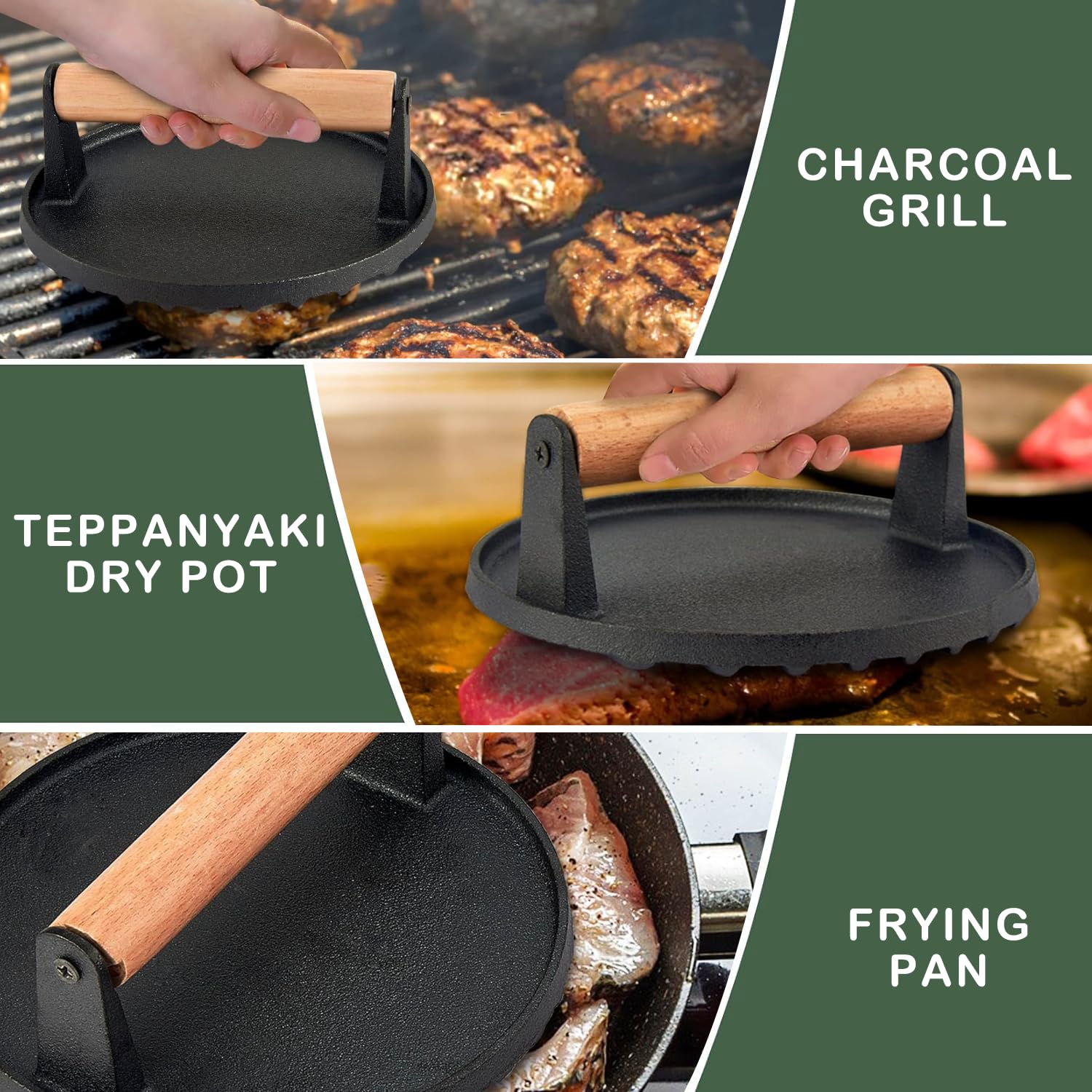 Ensemble de Presse à Burger en Fonte Polyvalent - Forme Ronde & Rectangulaire pour Écraser la Viande avec Poignées en Bois pour Planchas, Sandwichs, et Plus Encore