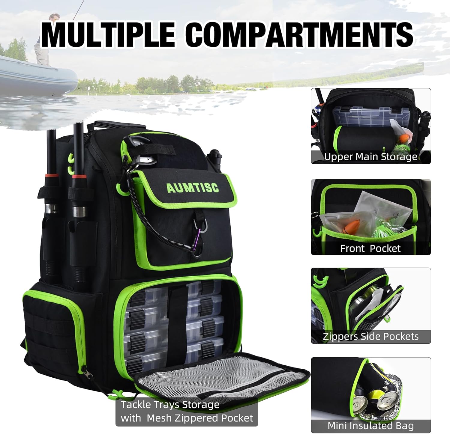 AUMTISC Fishing Tackle Backpack, Fishing Backpacks with 2 Rod Holders, Waterproof Bag Backpack with 4 Tackle Boxes, Rain Cover & Small Insulated Bag, Large Fishing Backpacks for Fish Gear & Equipment