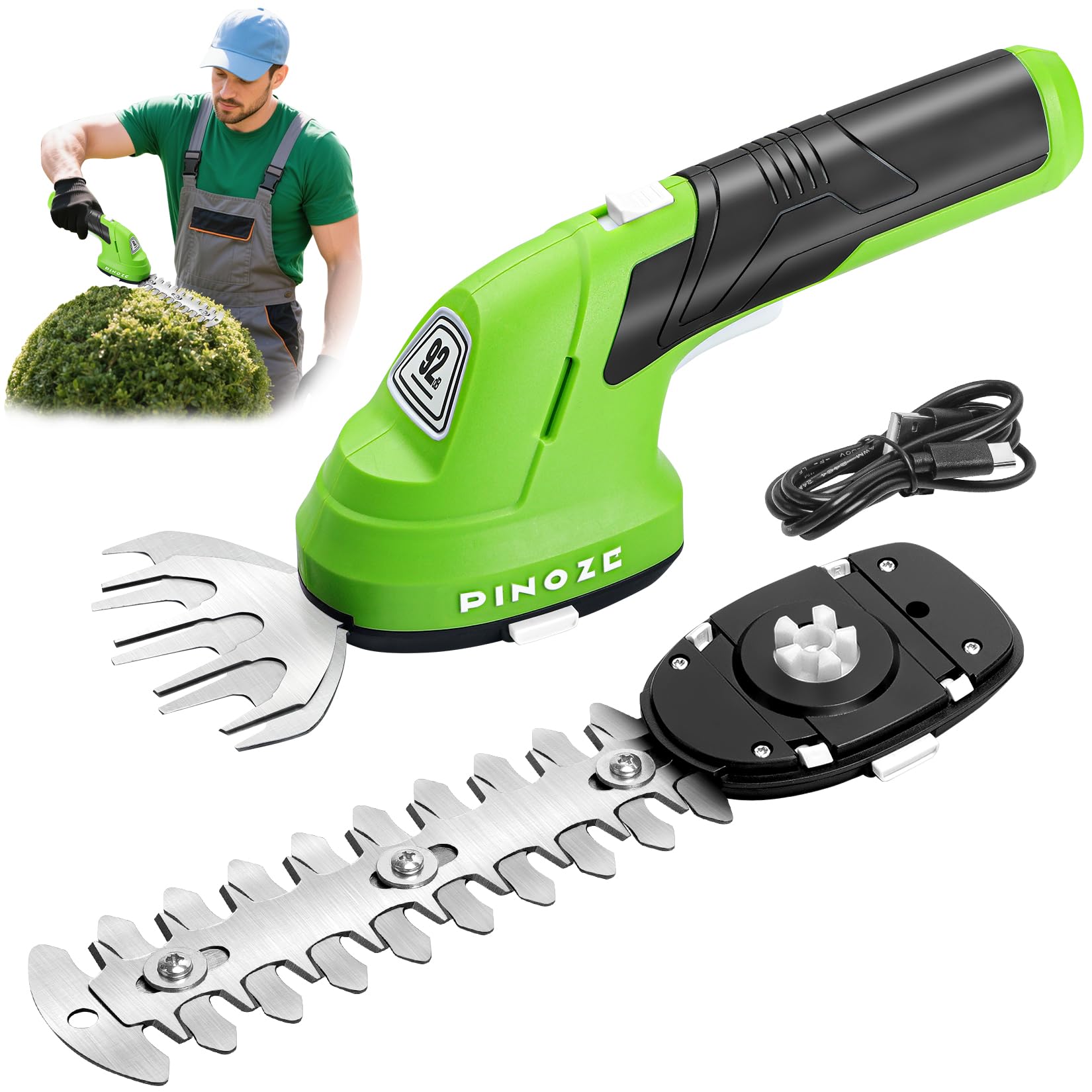 PINOZE Cisaille à gazon et taille-haie sans fil – 2 en 1 portable 7,2 V, petit taille-buisson électrique, 2,0 Ah alimenté par batterie rechargeable pour jardin, cour, entretien de pelouse