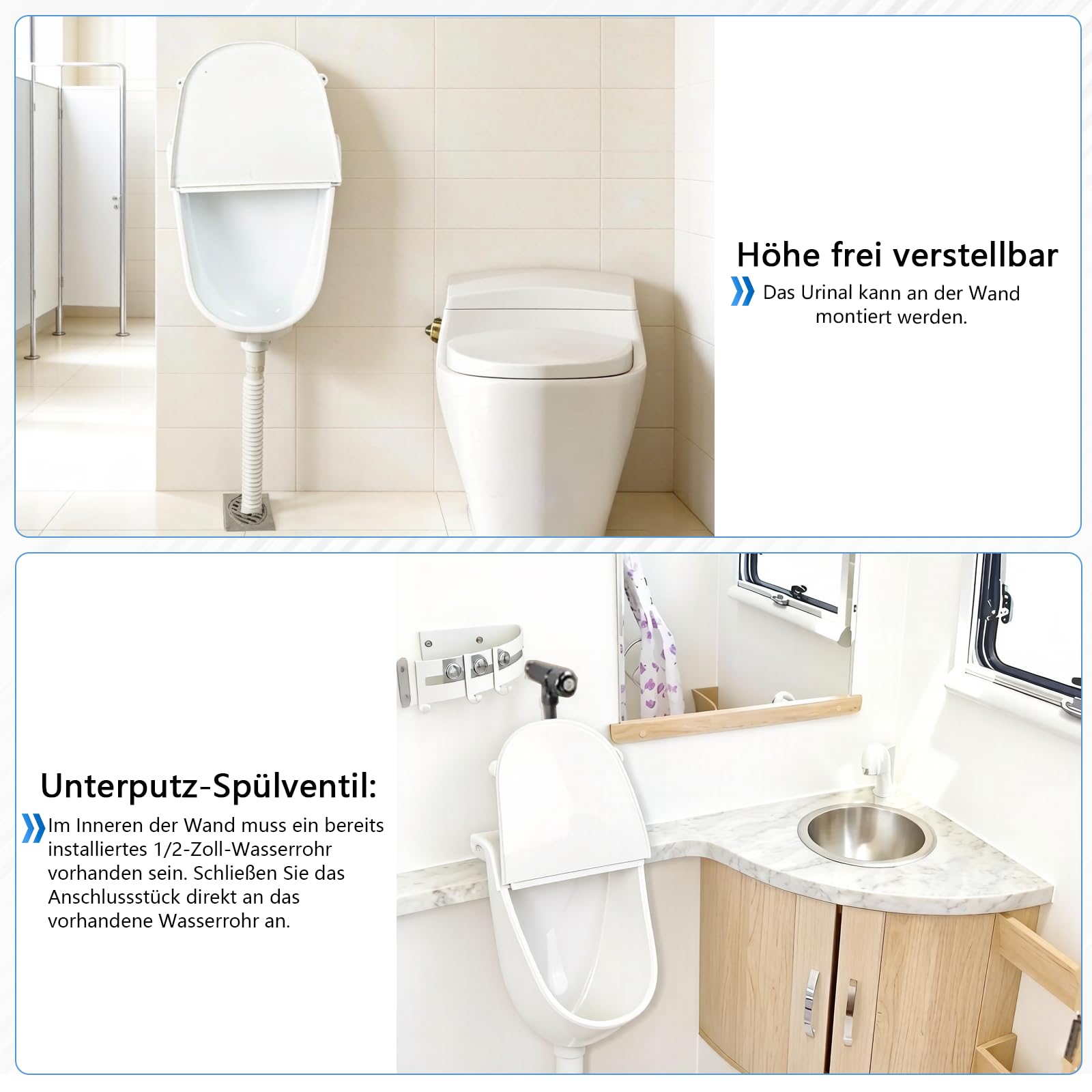 Kunststoff Urinal mit Deckel, Wandpissbecken Ohne Bohren für Herren mit Spritzschutzdeckel,Ablaufschlauch,Spülventil und Spüldüse für Zuhause,Studentenwohnheime,Wohnmobile und den Garten