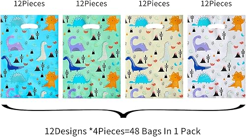 Miniatura 6 de HABILE 48 bolsas de plástico para fiestas, bolsas de plástico más gruesas con asas para todo tipo de fiestas de vacaciones (dinosaurios)