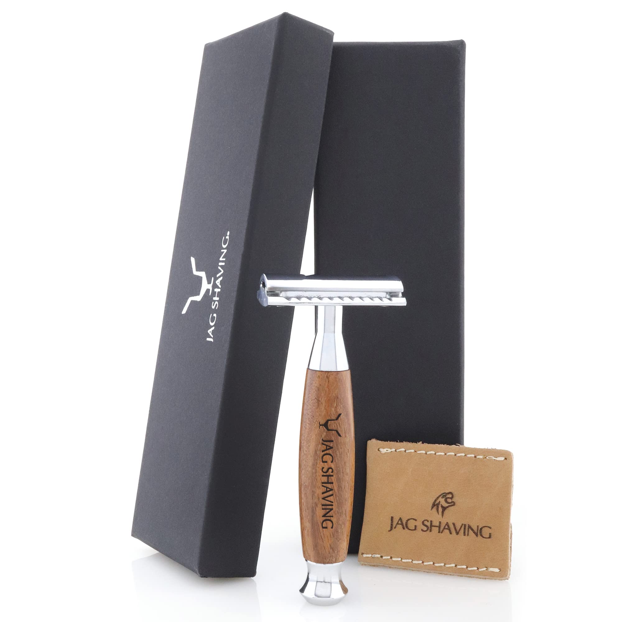 Jag Shaving zestaw do golenia - JAG's LEE Range 5-częściowy zestaw do golenia - szczotka do golenia z włosia borsuka - podwójna krawędź maszynki do golenia - torba skórzana na maszynki do golenia - zestaw drewna