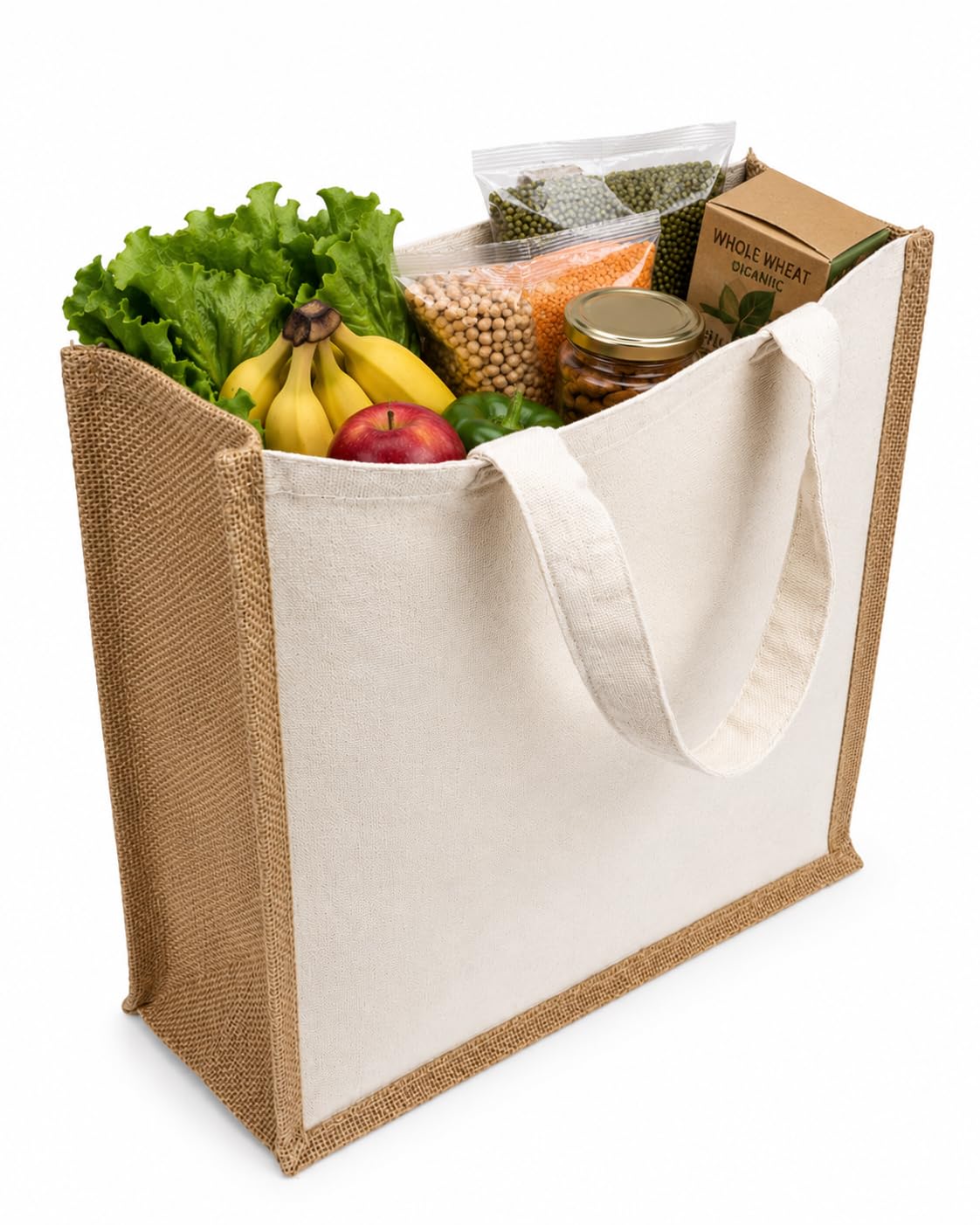 Canvas Cotton Jute Tote Bag for Grocery and Household 14″x12″ 2pcs | Reusable Carry Bag, Cotton & Jute Material, Spacious Design, Sturdy Handles, Natural Finish