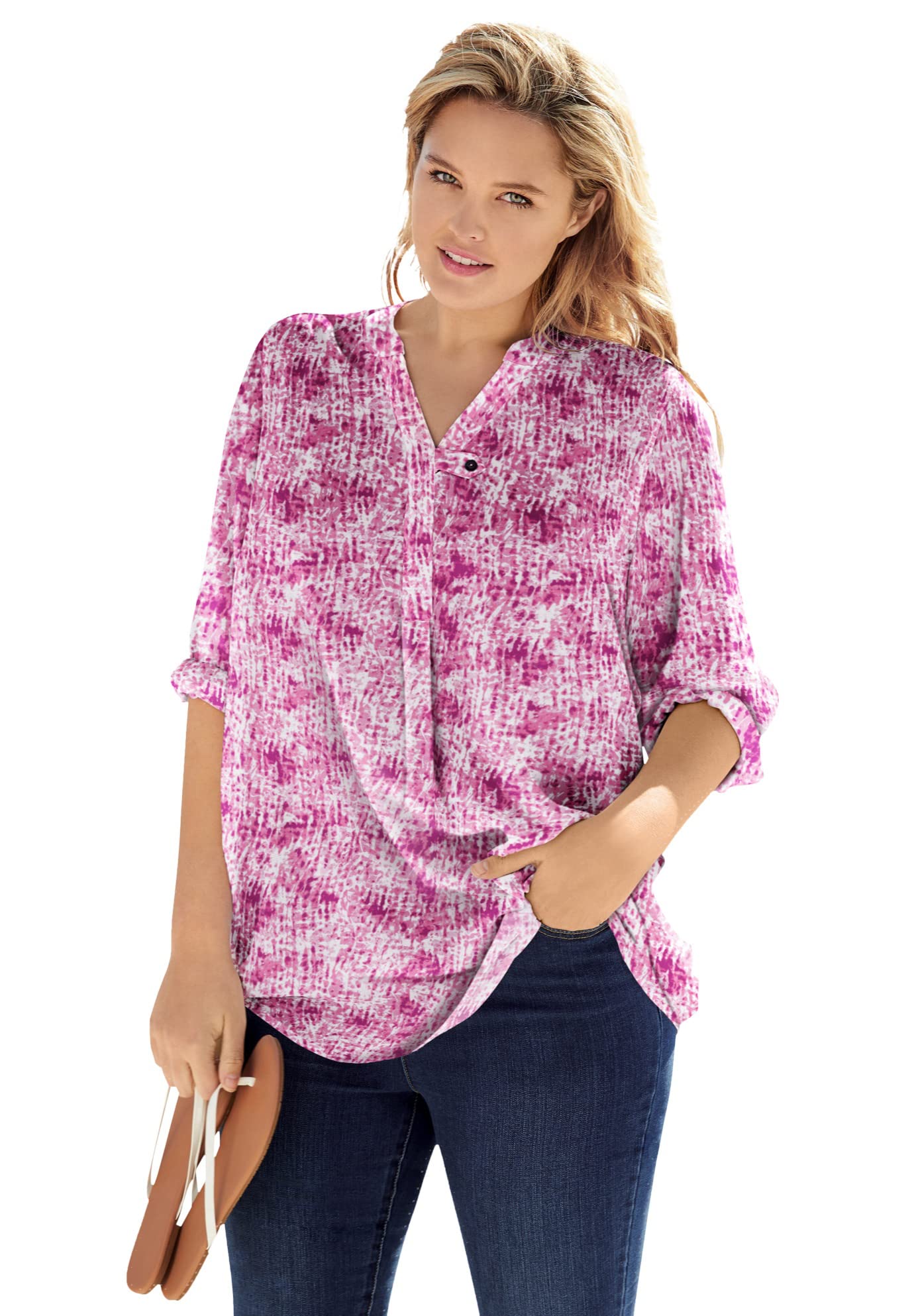 Women's Plus Size Three-Quarter Sleeve Tab-Front Tunic