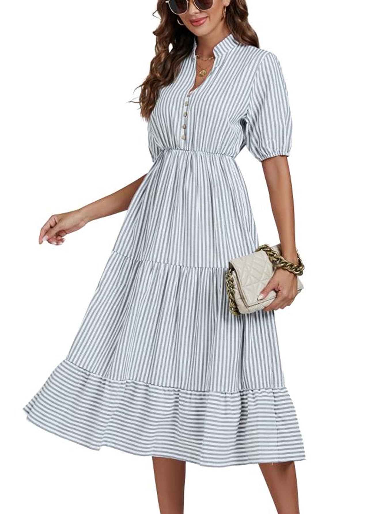 Lily Striped Notched V Neck Puff Sleeve Mini Dress main image 0