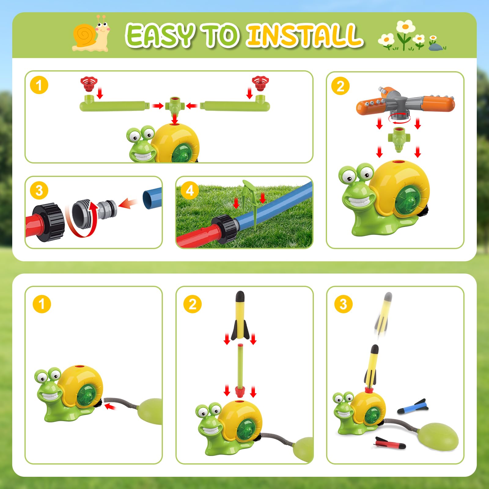deAO 4-in-1 Spruzzatore d'acqua per Bambini: Baseball + Lancio di Razzi con Spruzzatore a Chiocciola a 360°, 3 Ugelli e 3 Razzi, Giocattolo d'Acqua Estivo per Giardino, Piscina, Spiaggia da 3 anni+