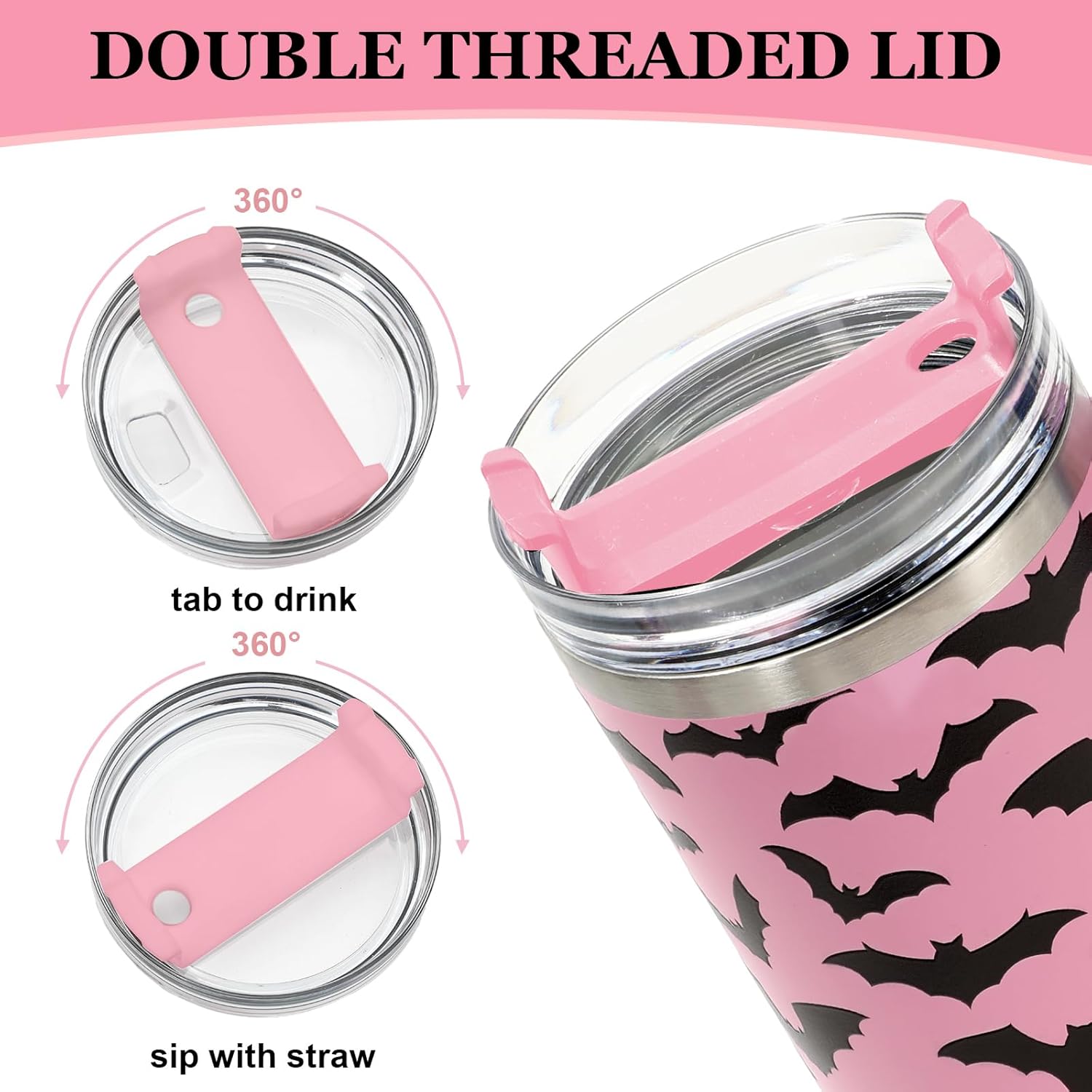 JarThenaAMCS Halloween Tumbler with Lid and Straw 40oz Pink Black Bat Tumbler with Handle Spooky Stainless Steel Cup for Home Office Travel - Image 3