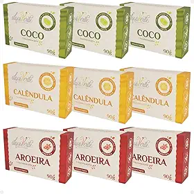 Pacote com 9 Unidades Sabão em Barra Alquiverde Sabonete Vegetal Natural 90g | Limpeza Suave, Hidratante, Sustentável e Ecológico para Uso Diário no Corpo e no Rosto
