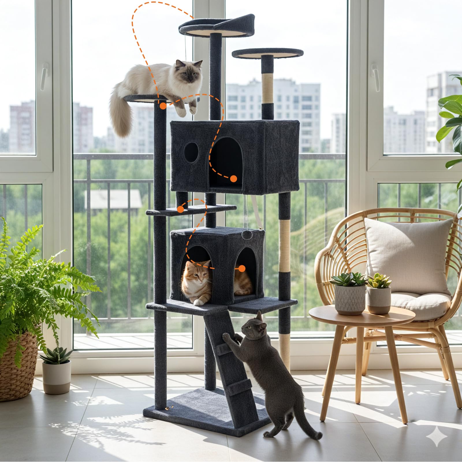 Sweetcrispy 63 inch Cat Tree Tower, Large Multi Level Cat Climbing Tower with Condo, Natural Sisal Scratching Posts, Extended Platform, Hammock, Pet House for Indoor Cats and Kittens Play, Grey: Dark Grey 70IN